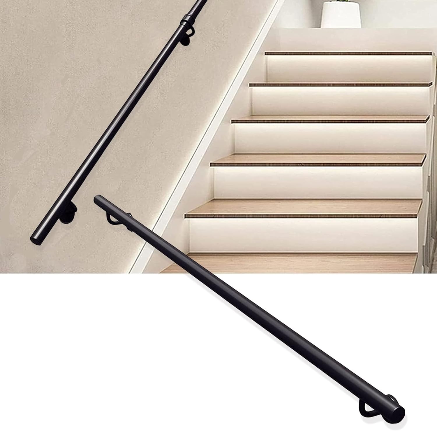 Wall Staircase Handrails Banister Metal Wrought Iron Handrails Railing - 3m 3.5m 4m 4.5m, Black Handrail for Indoor Stairs Railing Outdoor Steps Grab Railing(3ft/90cm)