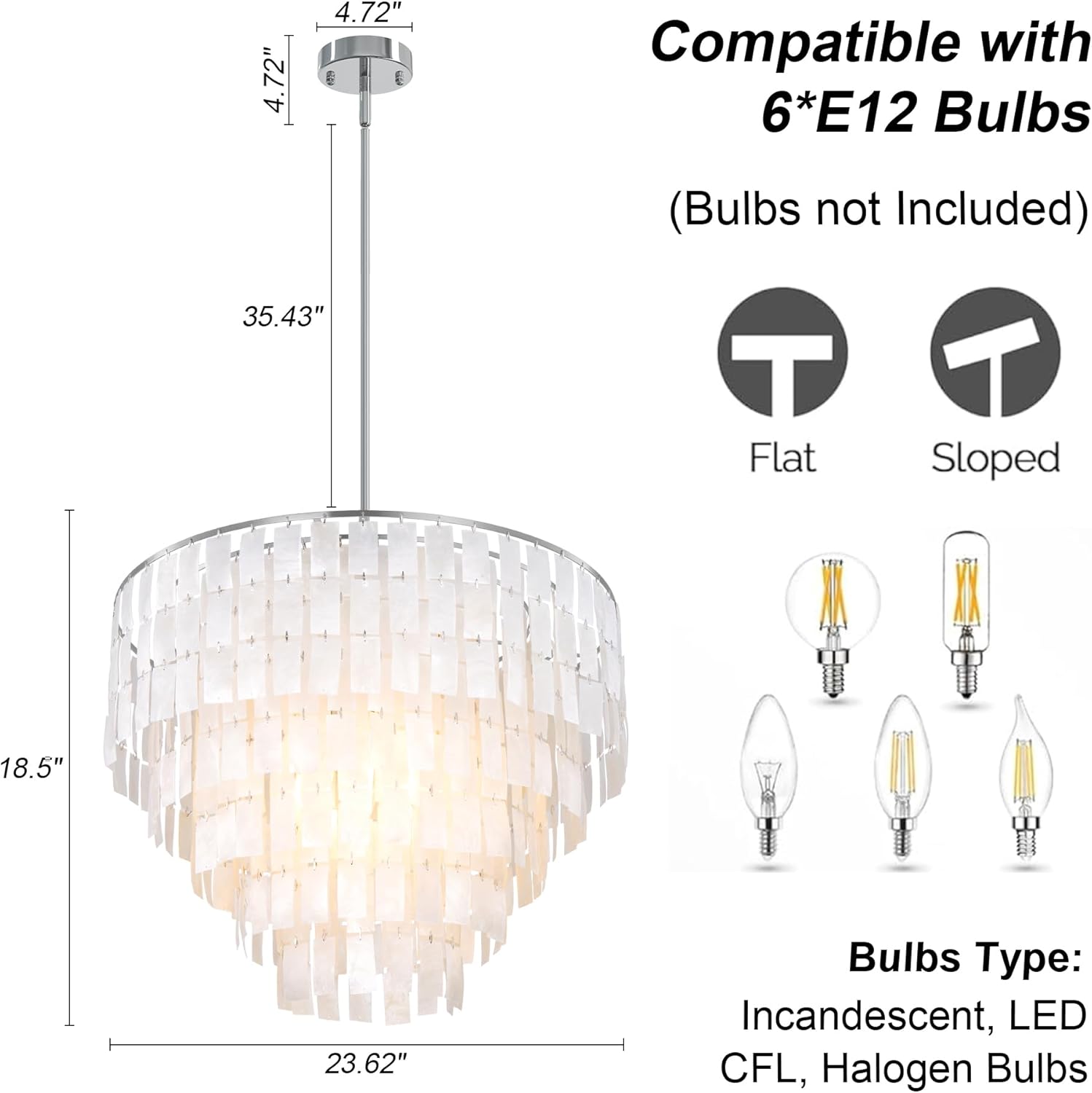 TOCHIC Capiz Shell Chandelier, 6-Light Chandelier for Dining Room, Coastal Chandelier with Natural Shells, Round Boho Light Fixtures for Bedroom, Living Room, Kitchen and Foyer, Chrome, W-23.62"