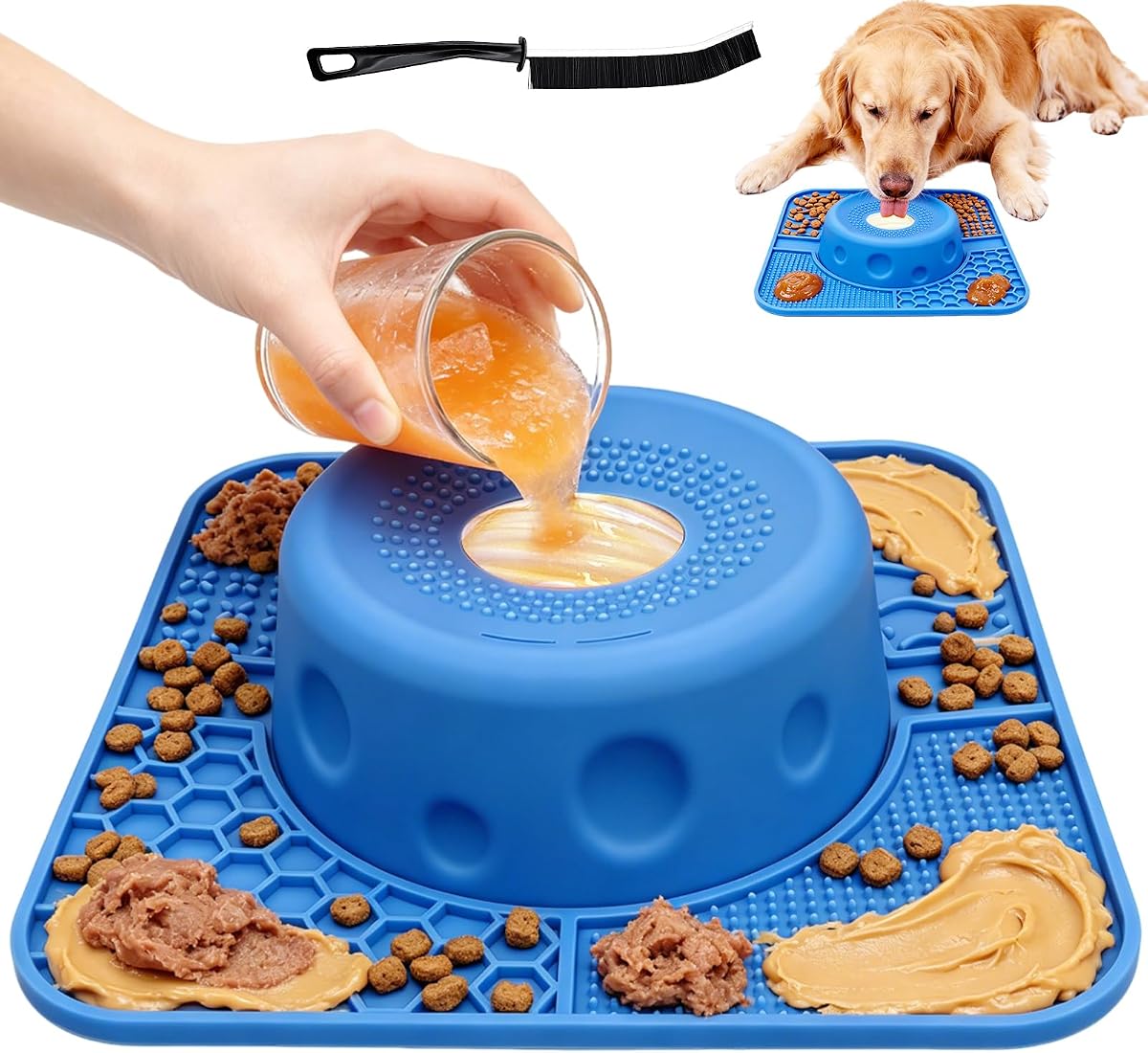 Slow Feeder Dog Bowl for Liquid Treats with Rolling Ball, Anti-Slip Lick Mat Bowl for Bone Broth, Yogurt & Wet Food, Food-Grade Enrichment Toy for Anxiety Relief, Dogs & Cats All Breeds, Blue