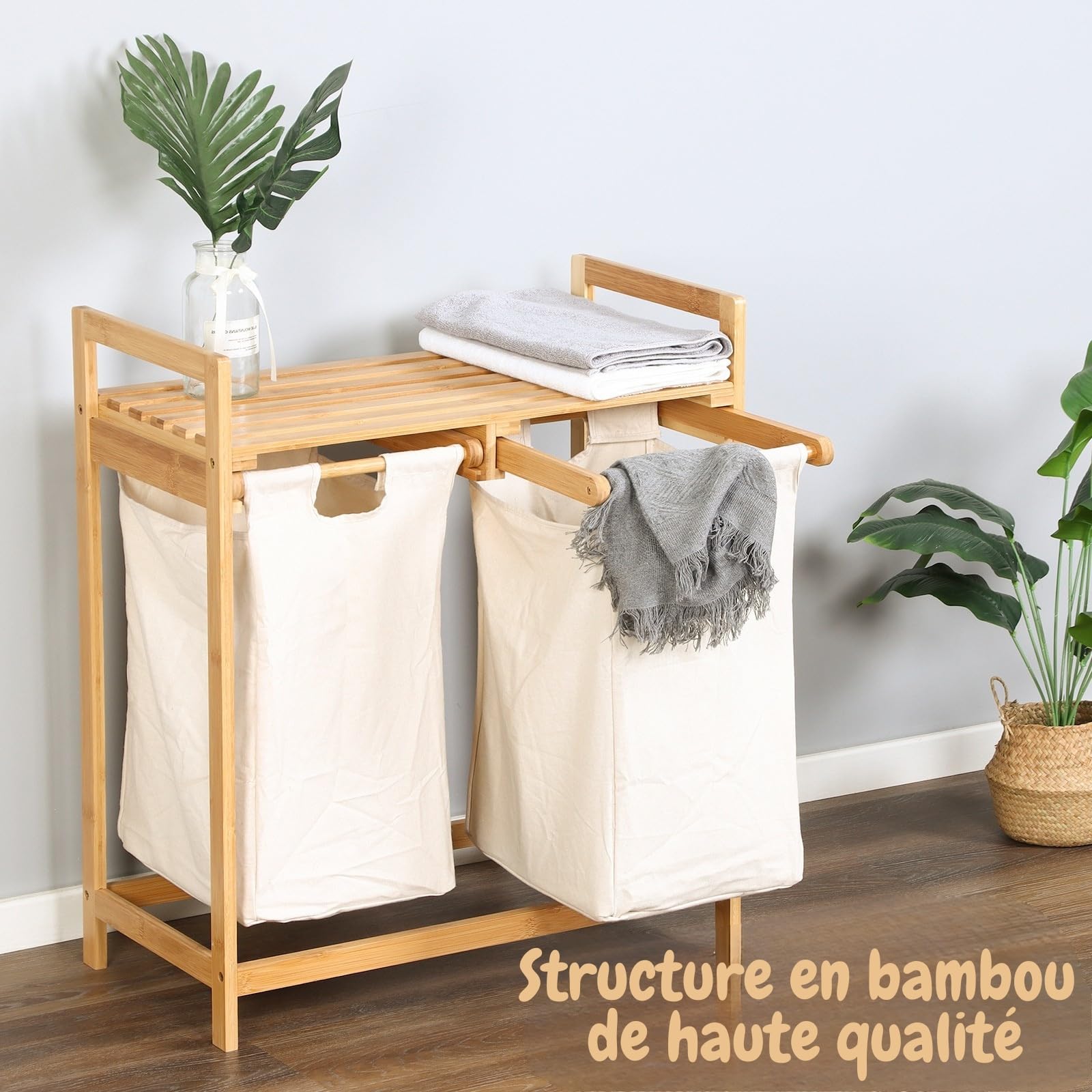 KARAT - Panier à Linge en Bambou - Bac à Linge Chambre Salle de Bain - Collecteur de Linge Sale - Trieur en Bois avec bac à Linge - Tri-Linge écologique - Dakota - 33P x 64L x 73H cm