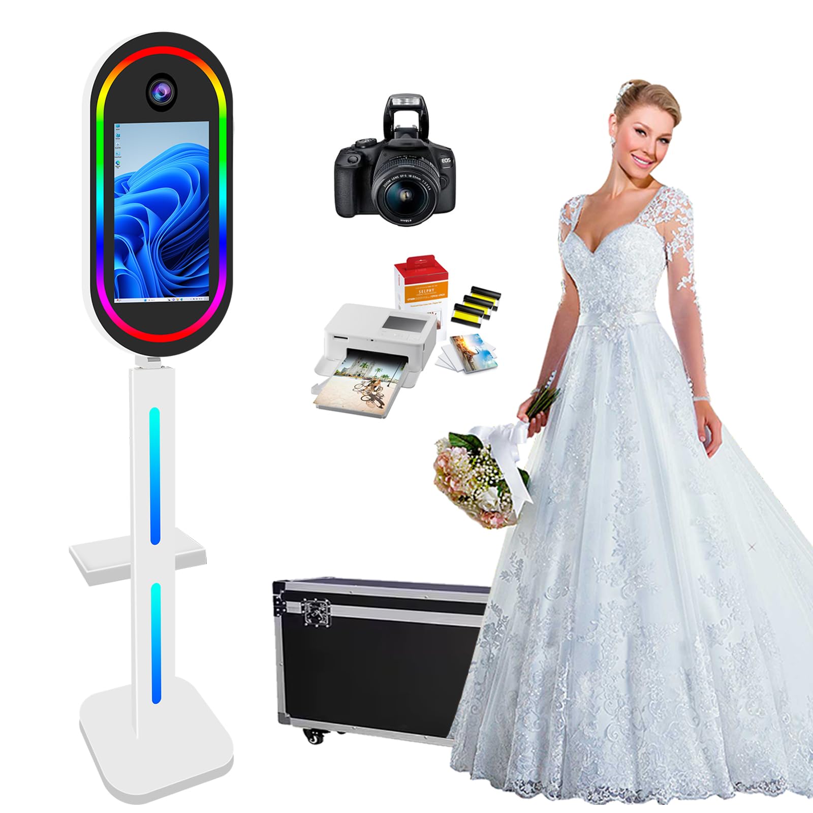 Photo Booth with Printer and Camera, 15.6-inch Touch Screen Selfie Mirror Photo Booth Machine RGB Lights for Party Events Wedding Rental (White Color+