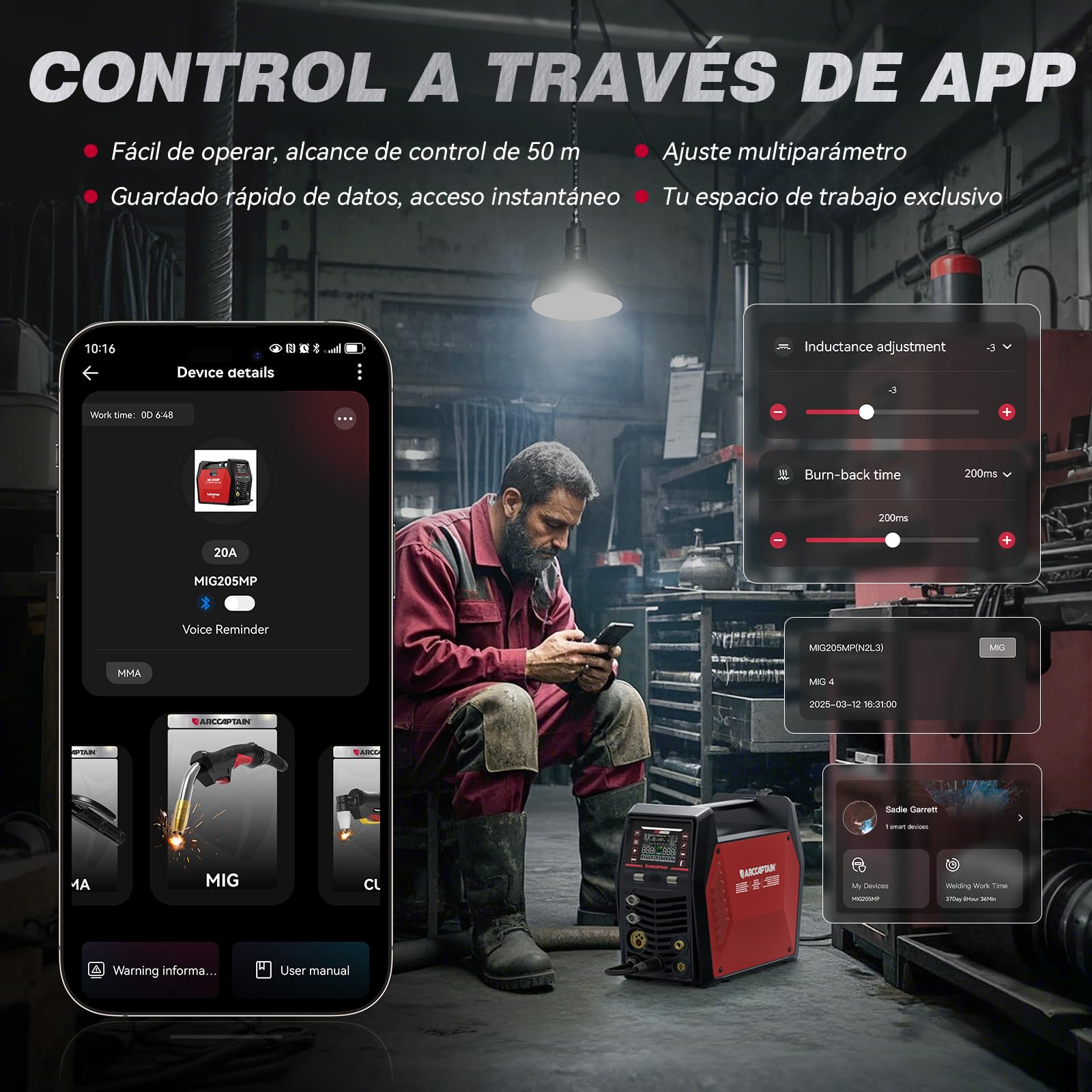 ARCCAPTAIN MIG205MP Soldadora 9‑en‑1 con control APP iControl/Plasma Cutter/Pulsed MIG/Flux Core/Spool Gun/DC HF/Lift TIG/Clean/MMA para aluminio 230 V multifunción