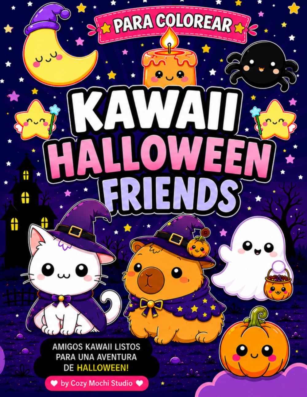 Kawaii Halloween Friends Para Colorear: Libro de actividades kawaii con adorables escenas espeluznantes para niños y niñas que aman colorear personajes tiernos de Halloween