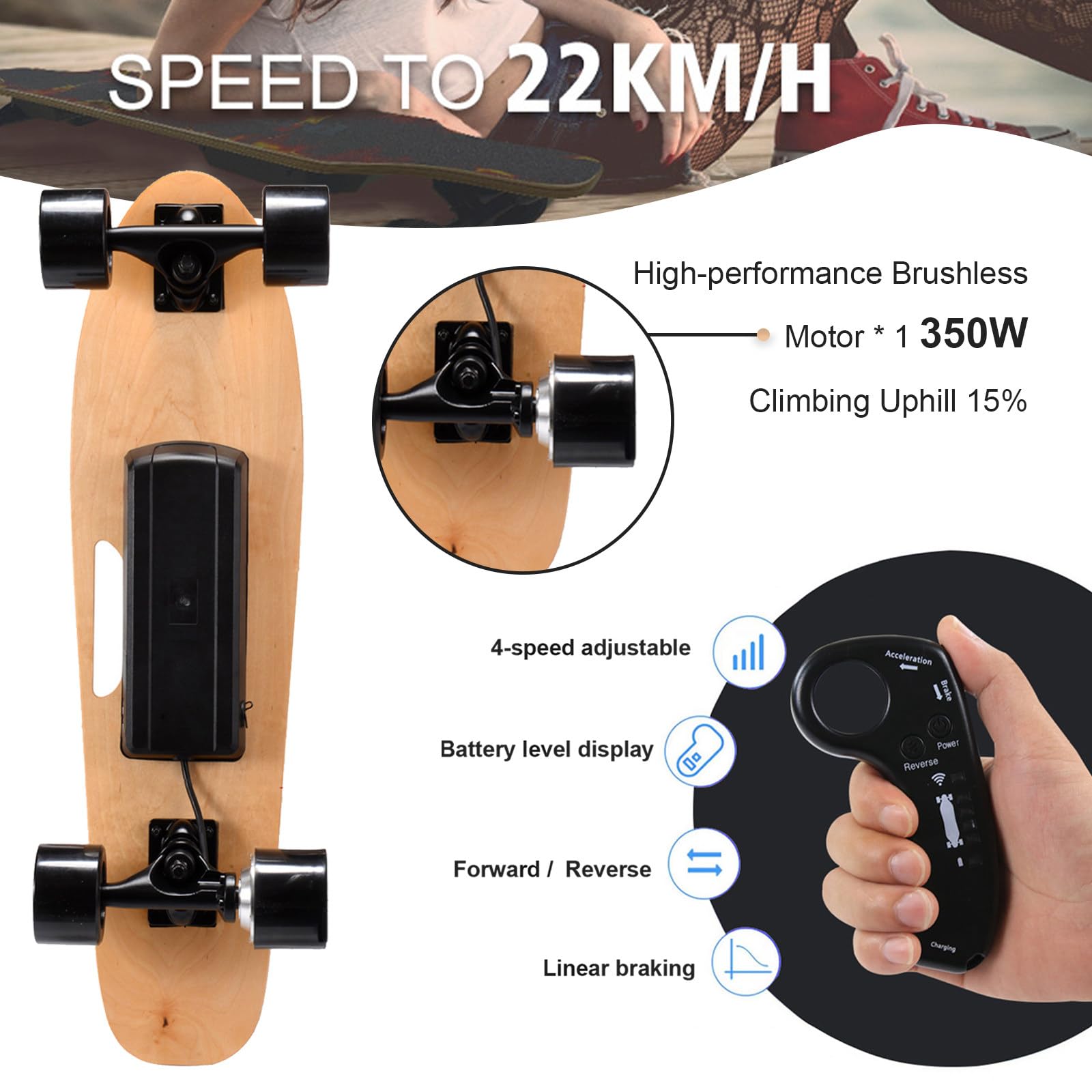 Skate elettrico per uso esterno, con motore 350W, 4 livelli di velocità, telecomando remoto, autonomia massima di 13 km, velocità fino a 22 km/h, costruzione in acero a 7 strati per durabilità
