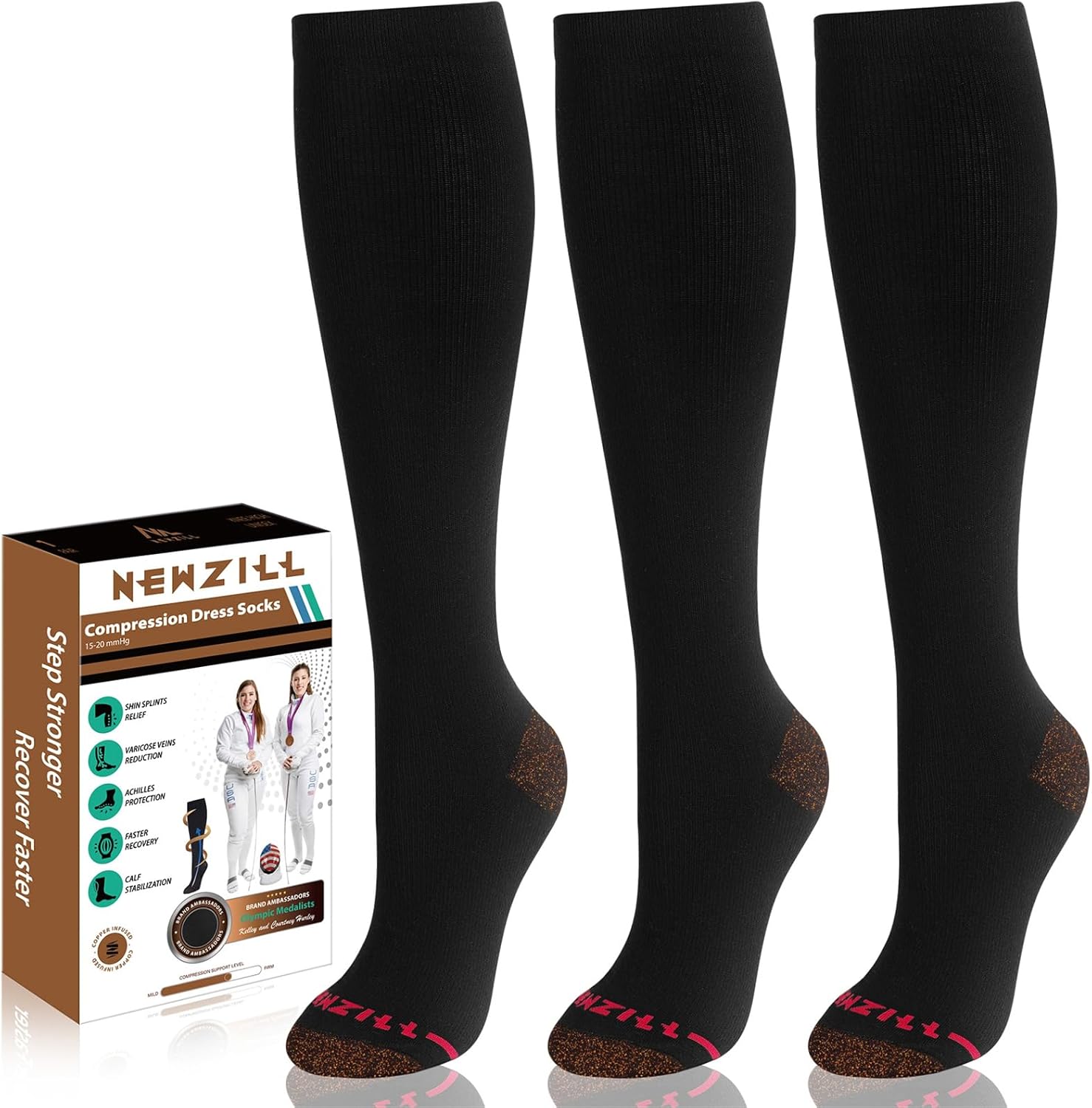 NEWZILL Copper Compression Socks for Women & Men 15-20mmHg Cotton Rich Odor Control Dress Socks for Business Casual Running Medical Athletic Support, Edema Diabetic Relief