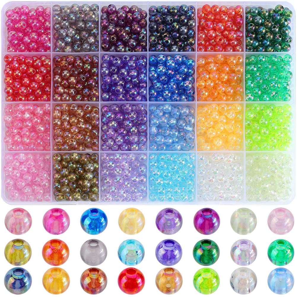SOFPLATE 1 Box 1440Pcs 24 Colors AB Round Beads Colorful Acrylic Beads 6x5mm Small Multicolor Plastic Transparent Bubble Loose Christmas Clear Beads for Jewelry Making Necklaces Bracelets DIY Crafts