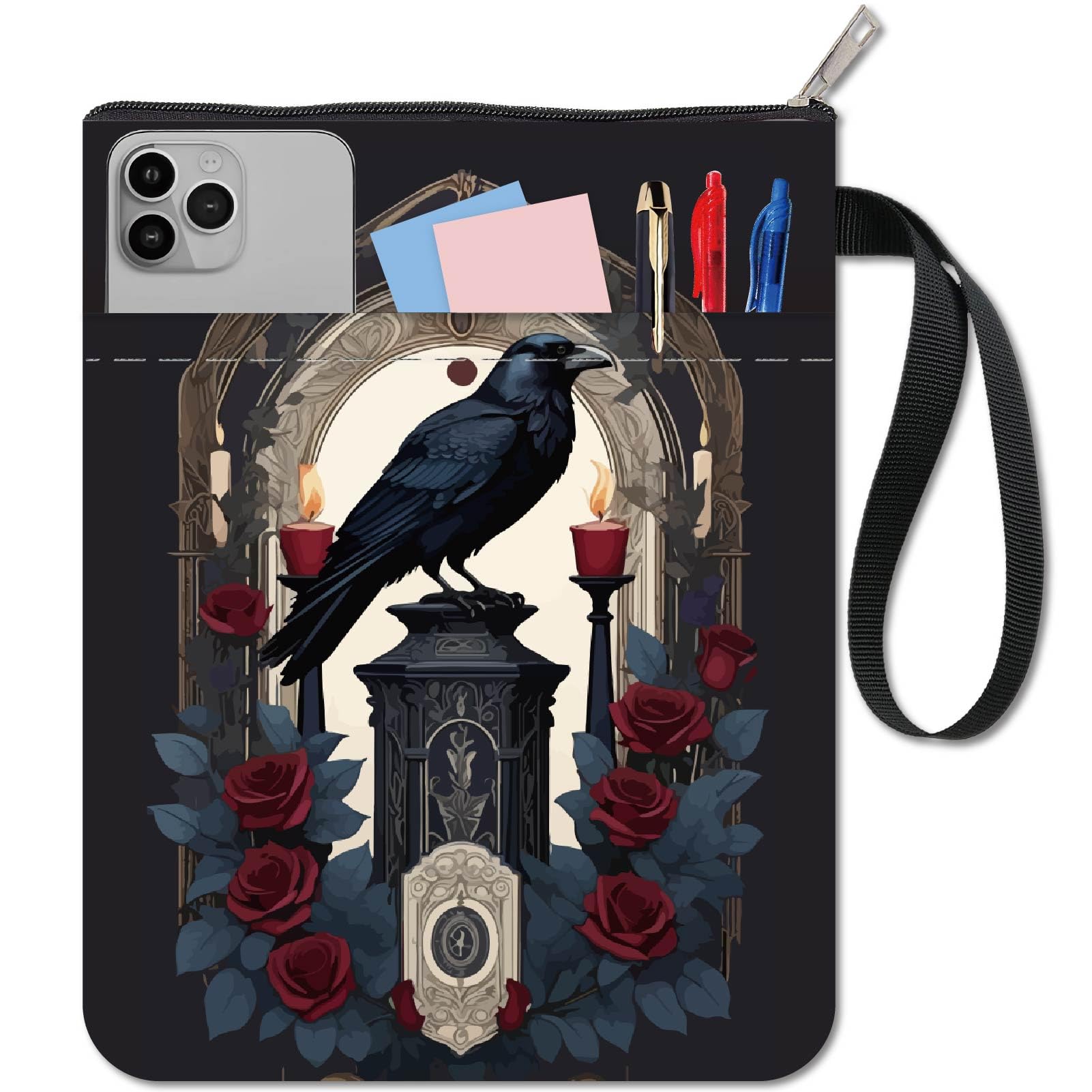 CRASPIRE 11x8.6In Book Cover Crow Cloth Rose Gothic Black Halloween Personality Sleeve Pocket Washable Reusable Double Sided Notebook Wraps Paperback Protector Bag Zipper for Book Lover Bookworm Gifts