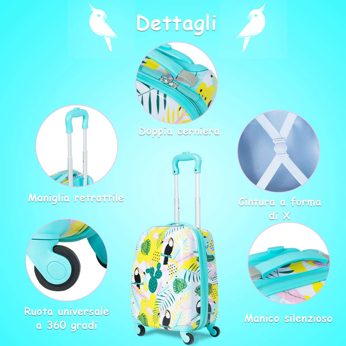 COSTWAY Set di Valigia per Bambini, 16" Valigia+ 12" Zaino, 2 Pezzi, con Ruote Girevoli a 360° e Maniglia Retrattile, Ideale per Viaggiare in Modo Comodo e Divertente