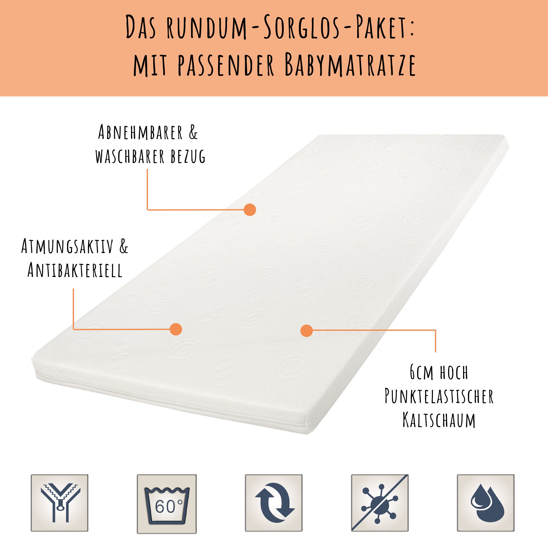 Kids Collective Babybett Kinderbett 70x140 cm mit Matratze & Schublade umbaubares Gitterbett höhenverstellbar | Baby Bed weiß Made in Europe 70x140 cm | von Geburt bis 6. Lebensjahr