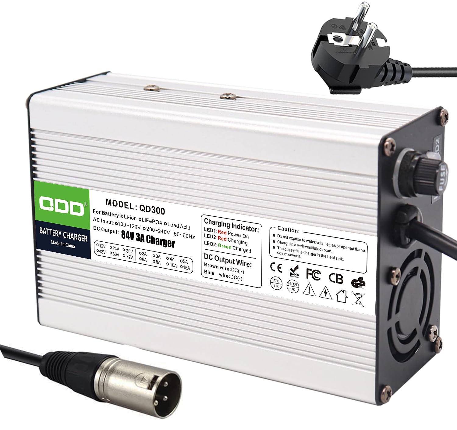 QDD 84V 3A Chargeur, 72V Li-ion Batterie Intelligent Chargeur pour 20S 72V Li-ion Batterie avec Ventilateur Boîtier en Aluminium Argenté (Prise XLR 3 Broches)