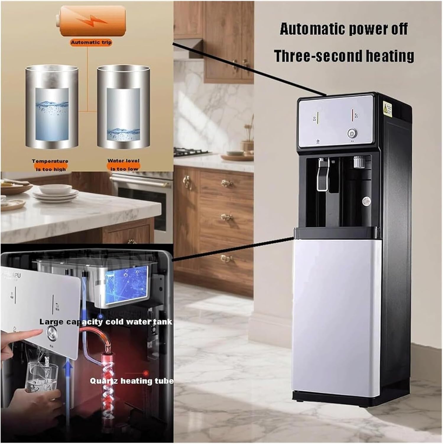 Freestanding Mains Fed Unit Floor-Loading Standing Water Cooler Temperature Hot Water and Cold Water 3 Function for Home Office Commercial Business User