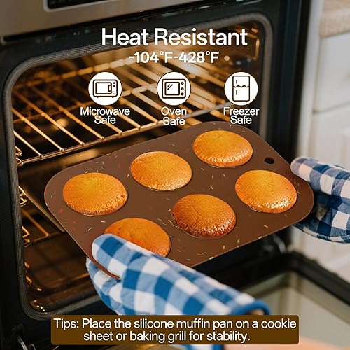 Miniatura 5 de Paquete de 2 moldes de silicona para magdalenas para hornear, molde antiadherente de tamaño regular, 6 tazas de silicona para magdalenas, sin BPA,