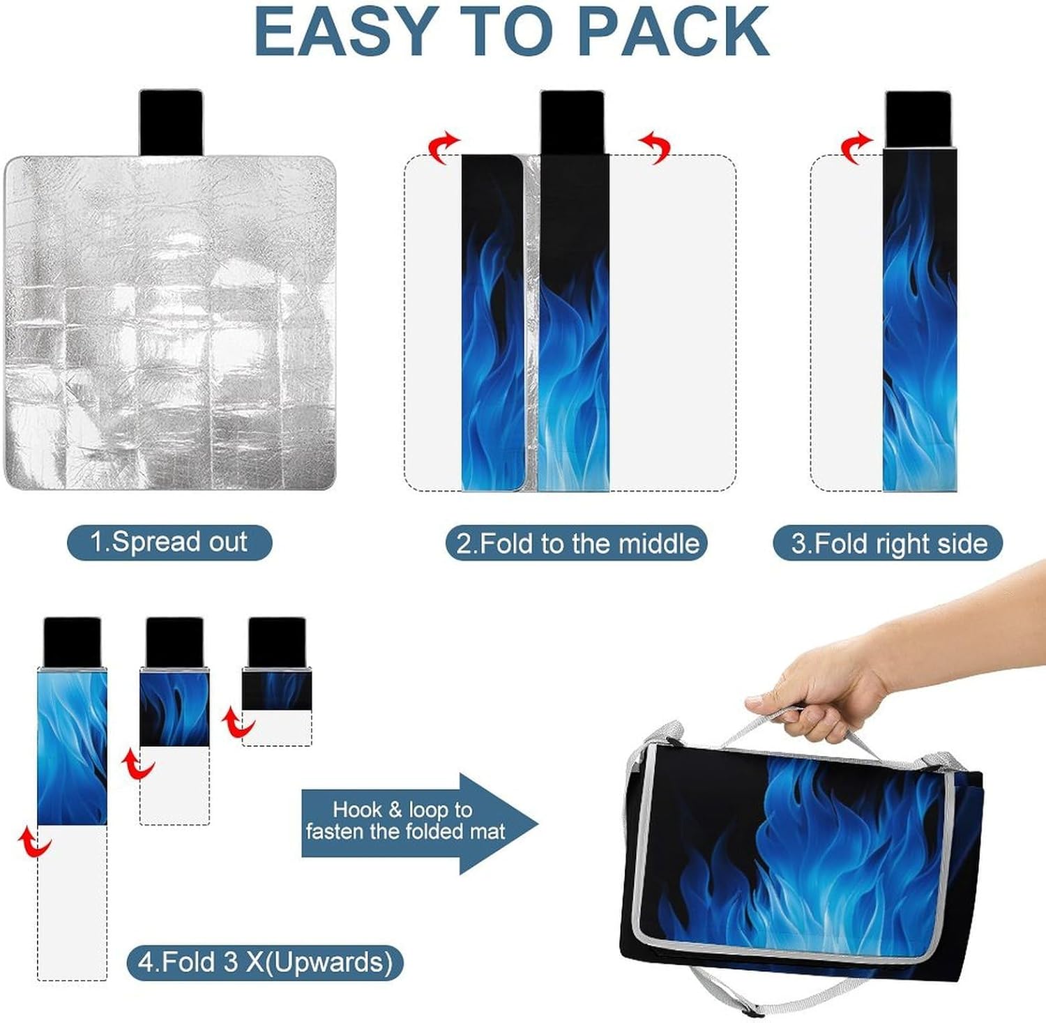 Blue Flame Beach Blanket Thickened Foldable Camping Mats Soft Lightweight Beach Pad Square Picnic Blankets with Shoulder Strap for Park Grass Patio Hiking