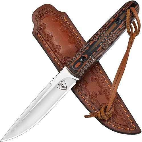 AUBEY Cuchillo de caza de hoja fija de espiga completa con funda de cuero para hombres, hoja D2 cuchillo de supervivencia al aire libre, mango G10