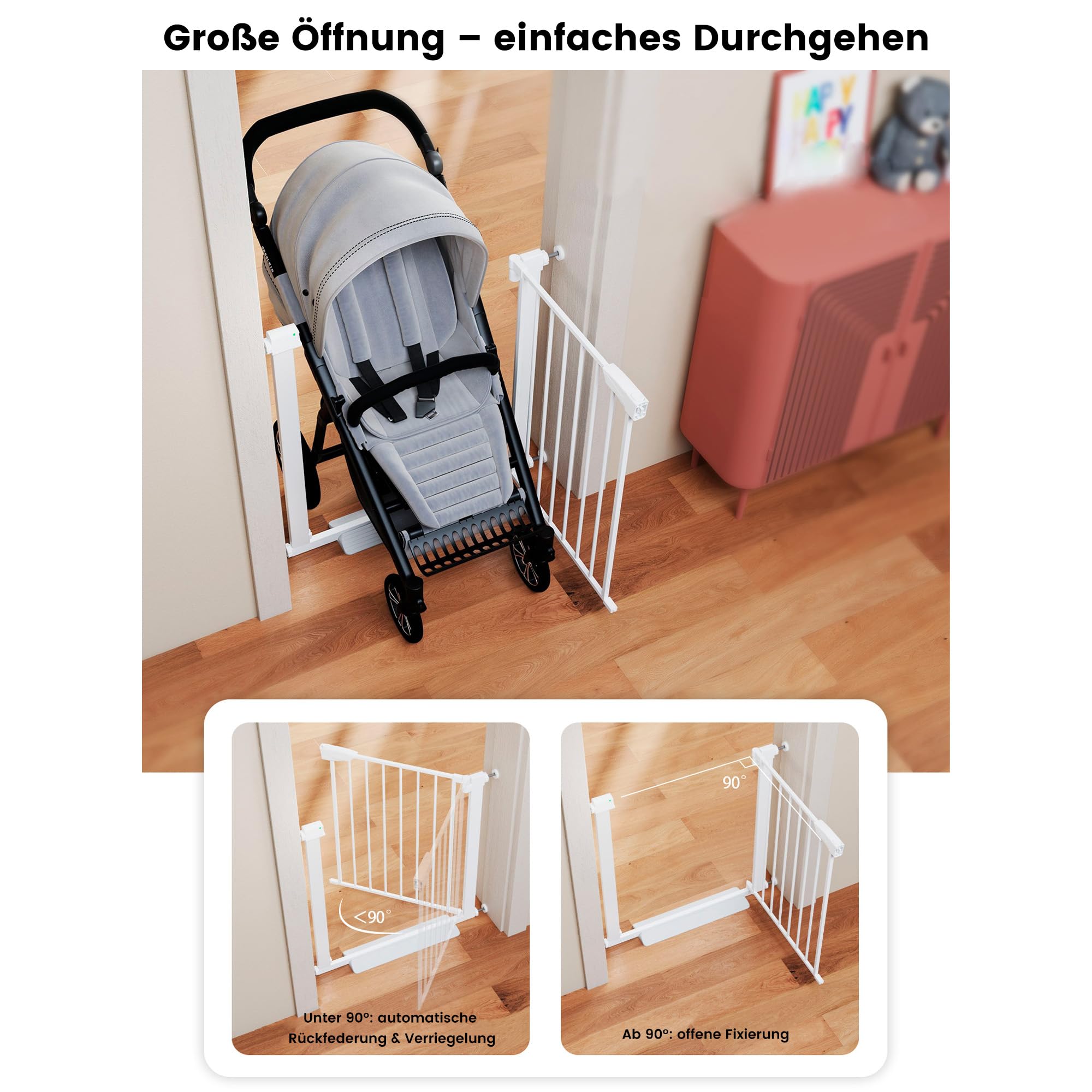 Treppenschutzgitter ohne Bohren, Türschutzgitter Kinderschutzgitter für Kinder und Haustiere, Verstellbare Breite 86-103 cm, Beidseitige Einhand Öffnung, Weiß