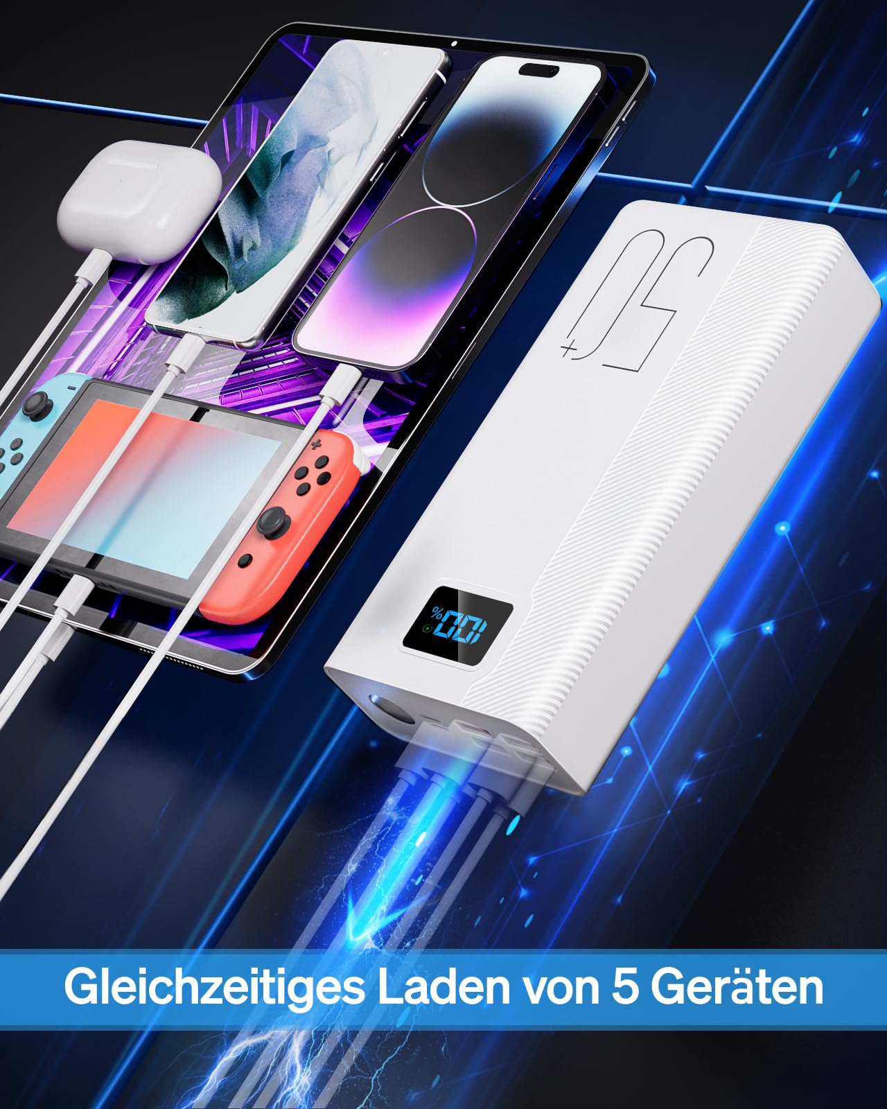 50000mAh Power Bank：Externer Akku mit großer Kapazität, 22,5W Schnellladung sowie 5 Ausgängen und 3 Eingängen MP3 Player to