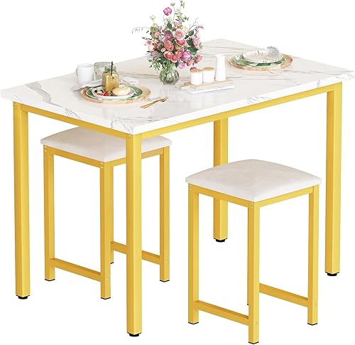 AWQM Juego de mesa de comedor de 3 piezas, mesa de cocina pequeña de mármol sintético y 2 taburetes de poliuretano, juego de mesa de comedor para disponible en Yaxa Colombia