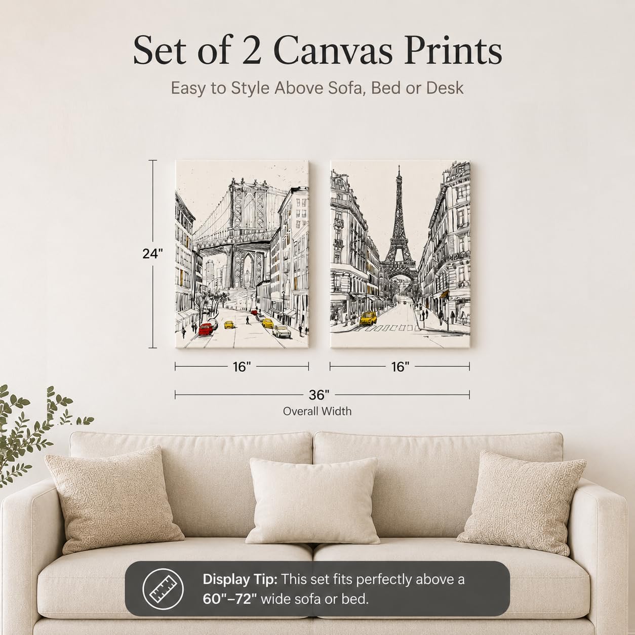 Artiluxy Paris New York Canvas Wall Art Set of 2, Cityscape Sketch Wall Decor, Eiffel Tower and Brooklyn Bridge Prints on Stretched Canvas, Urban Travel Artwork for Living Room Bedroom Office, 12x16 Inch