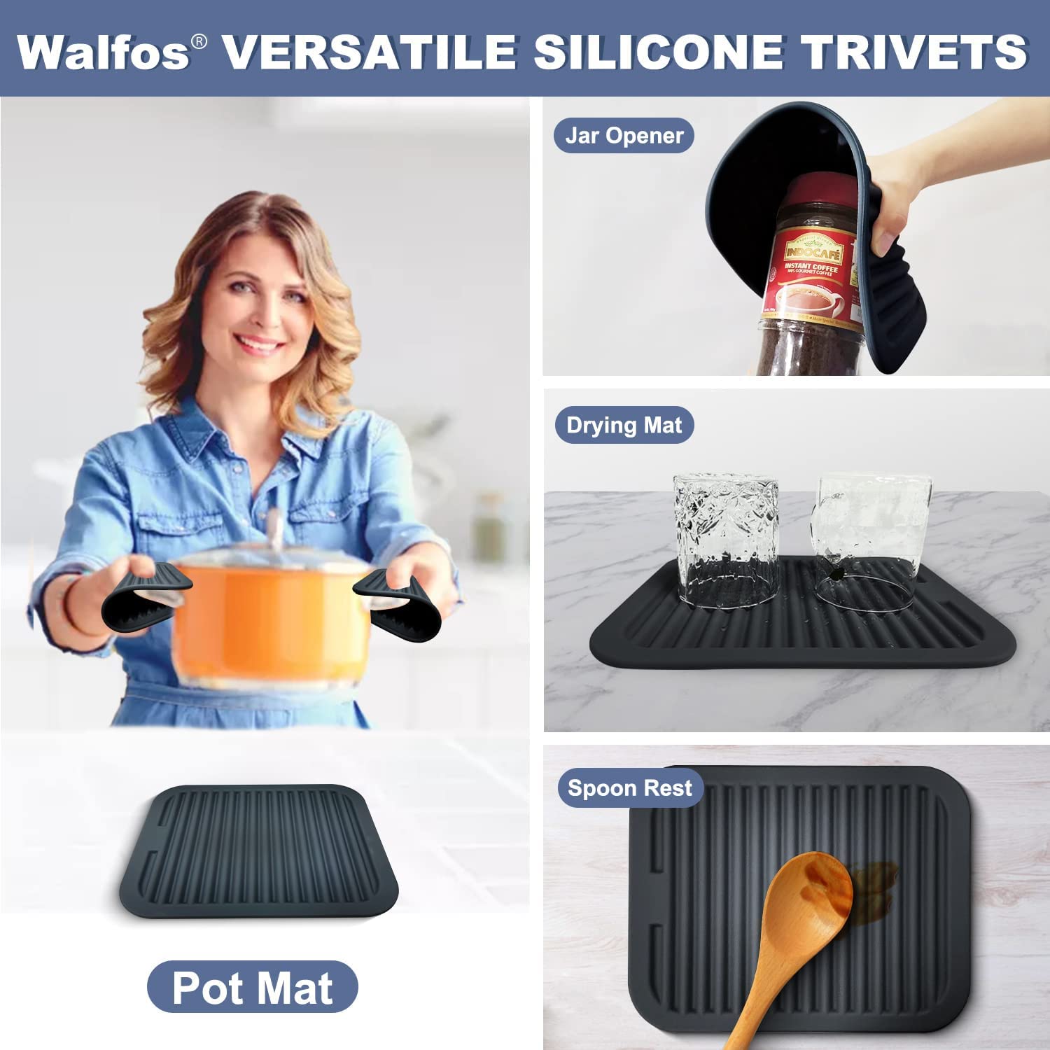 Lot De 2 Dessous De Plat Silicone Walfos - Résistants à La Chaleur 220°C - Gris