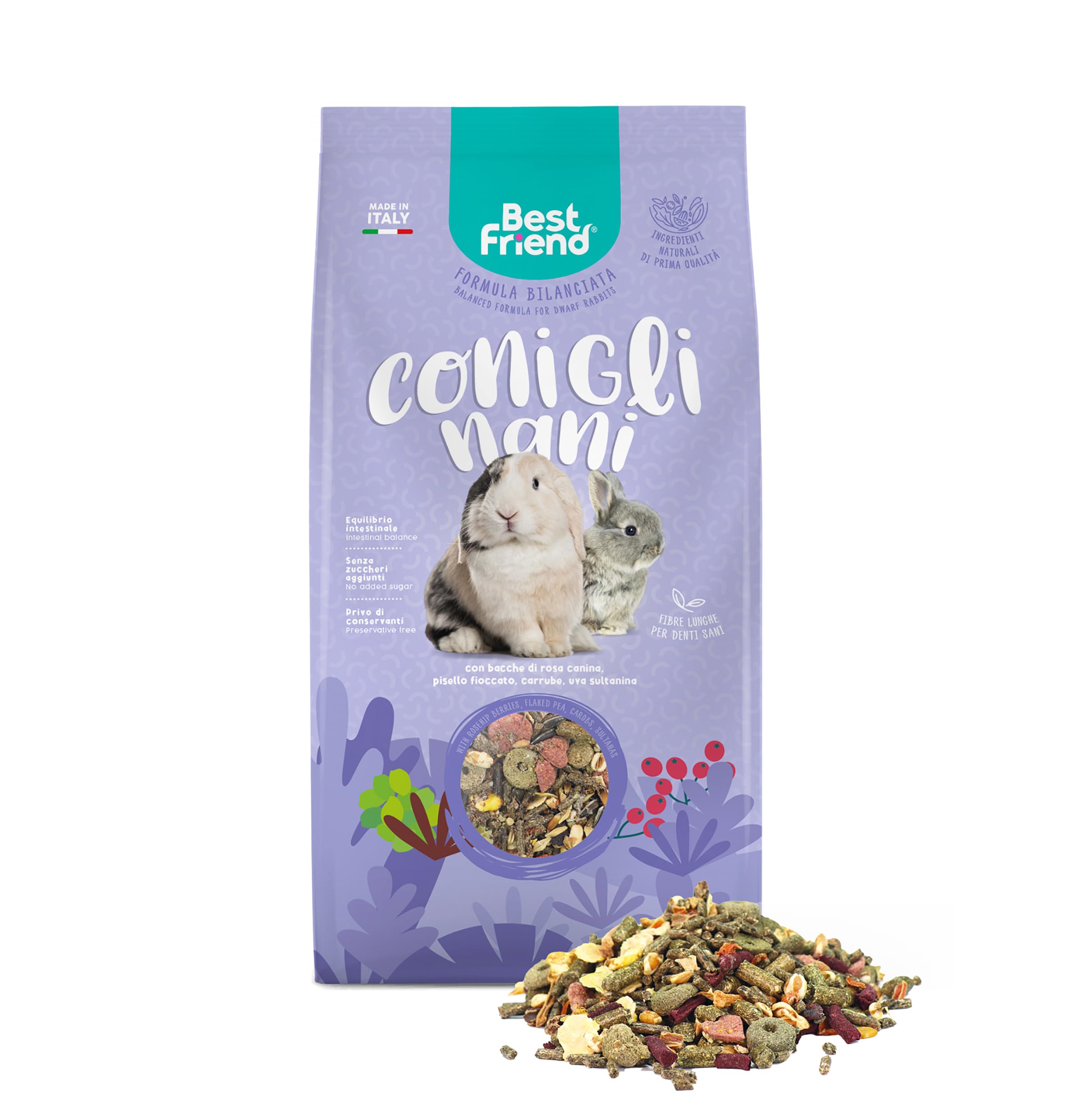 Best Friend Aliment Complet pour Lapins Nains avec Baies de Rose musquée, Pois floqué, caroube, Raisin sultanine. Aliments pour rongeurs avec ingrédients naturels, fabriqués en Italie | Lot de 6