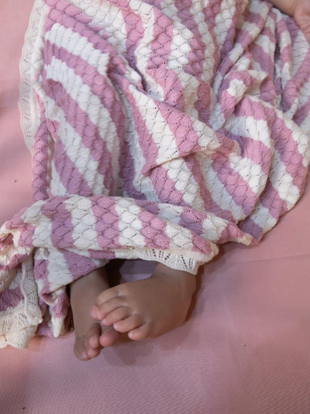 THE BABY TRUNK Rosy Dreams Stripe Baby Blanket Organic Cotton Baby Blanket | Soft Blush & White Stripes | Hypoallergenic, Breathable & Gentle On Skin |Newborns, Infants & Kids 2