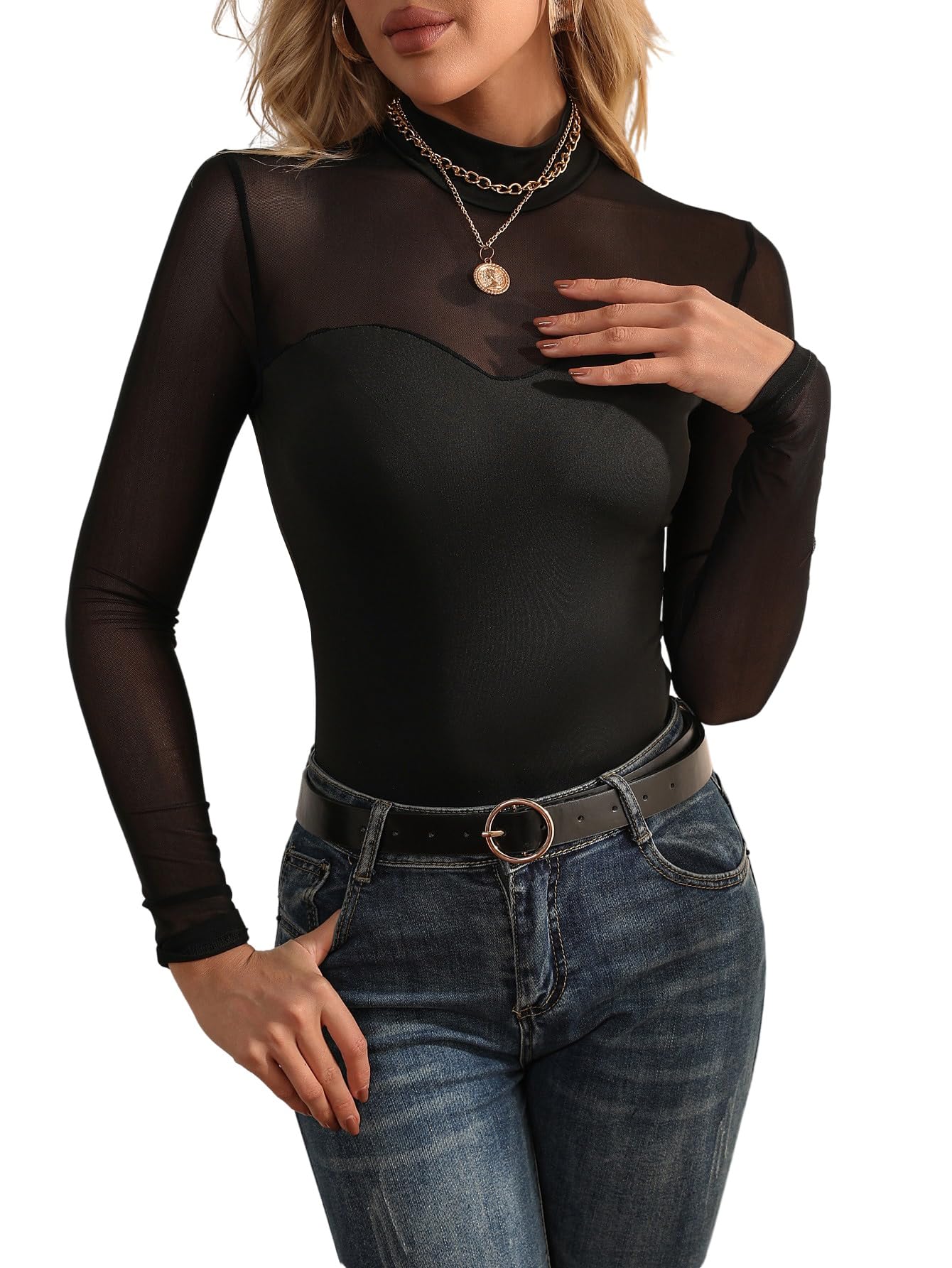 GORGLITTER Body da donna a maniche lunghe, elegante, in rete, con strass, sexy, a maniche lunghe, con colletto rialzato