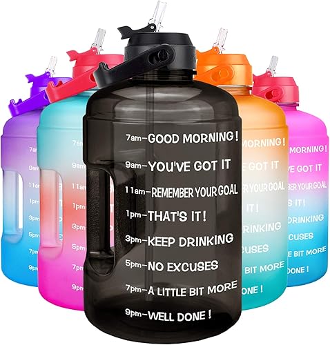 Miniatura 1 de QuiFit - Botella de agua de 1 galón  con paja y marcador motivacional de tiempo a prueba de fugas, sin BPA, reutilizable, para gimnasio, deportes al
