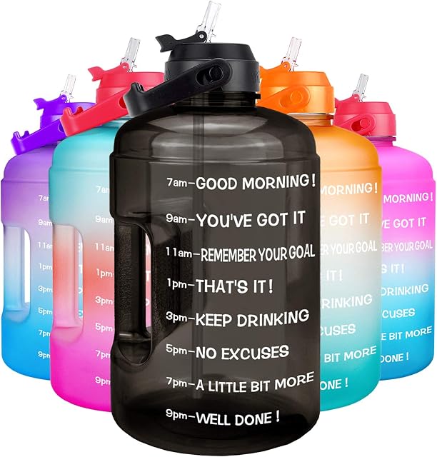 QuiFit 1 Gallon Water Bottle - with Straw & Motivational Time Marker Leak-Proof BPA Free Reusable Gym Sports Outdoor Large(128OZ/73OZ) Capacity Water Jug