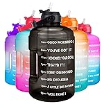 QuiFit 1 Gallon Water Bottle - with Straw & Motivational Time Marker Leak-Proof BPA Free Reusable Gym Sports Outdoor Large(128OZ) Capacity Water Jug(Black,1 Gallon)