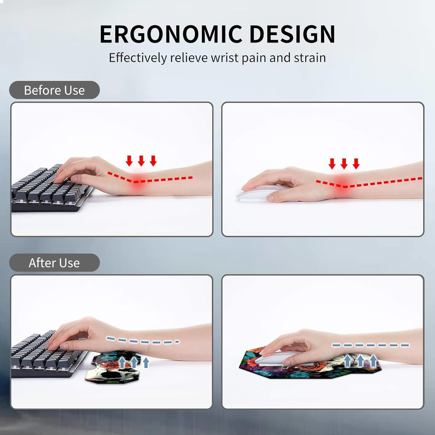 Keyboard Wrist Rest & Mouse pad Wrist Support Set Ergonomic Gaming Mouse Pad Coaster Keyboard Wrist Support with Memory Foam for Easy Typing Pain Relief - Cute Skull Flowers