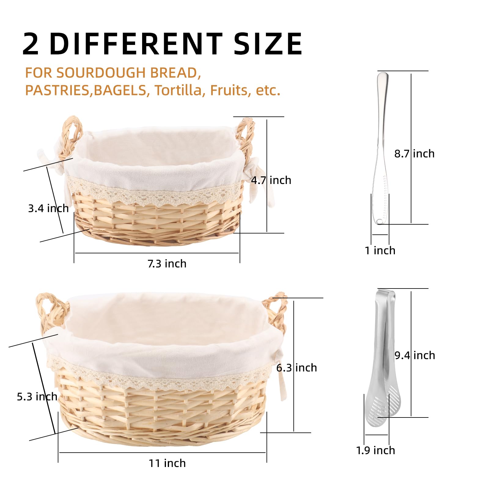 2Pac Handmade Bread Basket with Handle, Wicker Baskets for Serving Set 2 Sizes, Sourdough Bread and Pastries Basket with Removable Liner and Cheese Knife and Kitchen Serving Tong