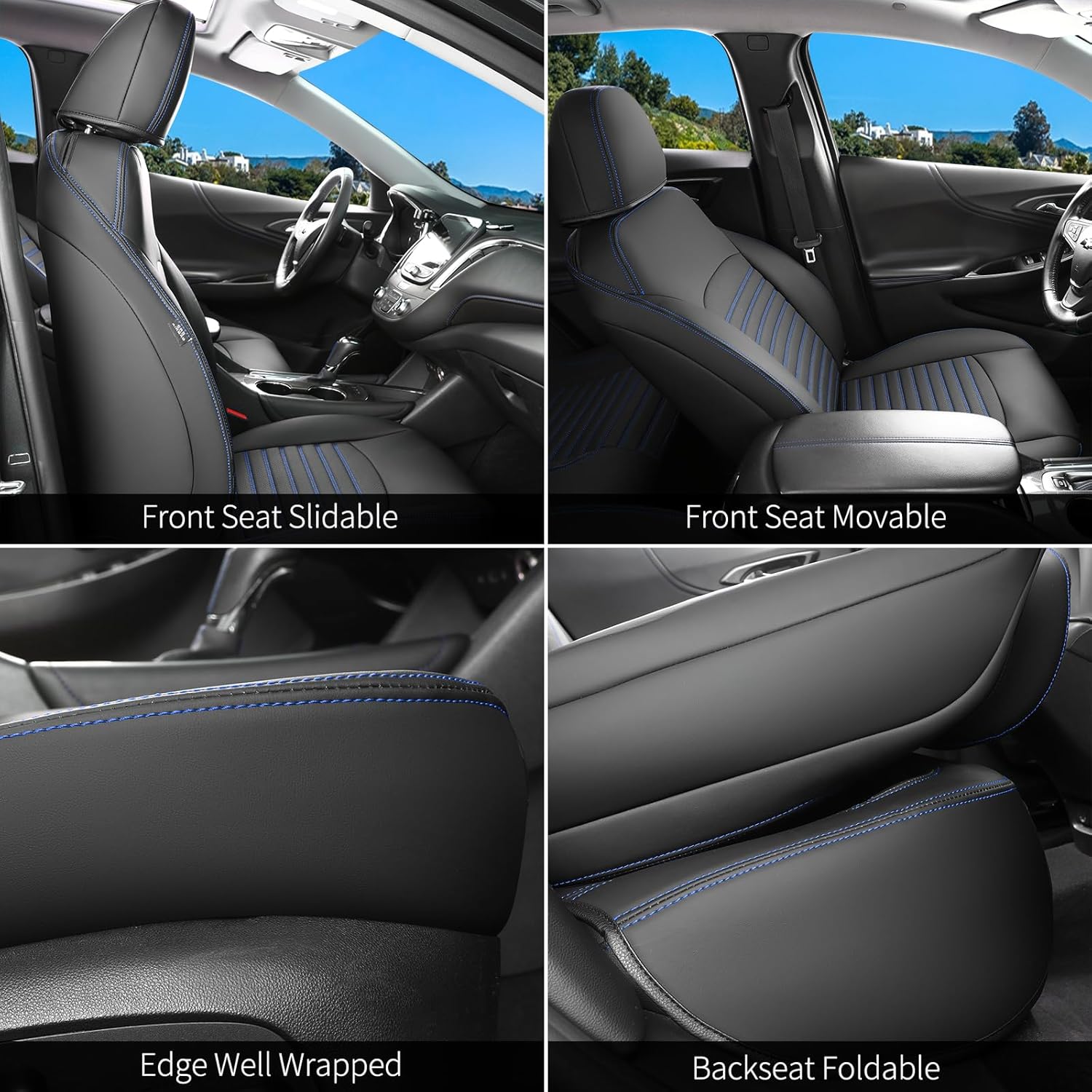 Huidasource for Chevrolet Malibu Seat Covers 2016-2025, Breathable Faux Leather Seat Covers for Chevy Malibu L, LS, LT, Premier, RS 2016-2025, Backseat Cup Holder Compatible(Full Set/Black&Blue)