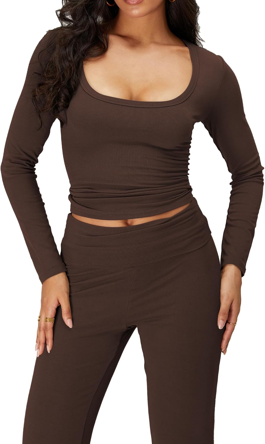 iGENJUN Women's 2 Piece Sets Long Sleeve Square Neck Low Rise Flare Leggings Sets Yoga Sweatsuit Tracksuits Lounge - Image 4