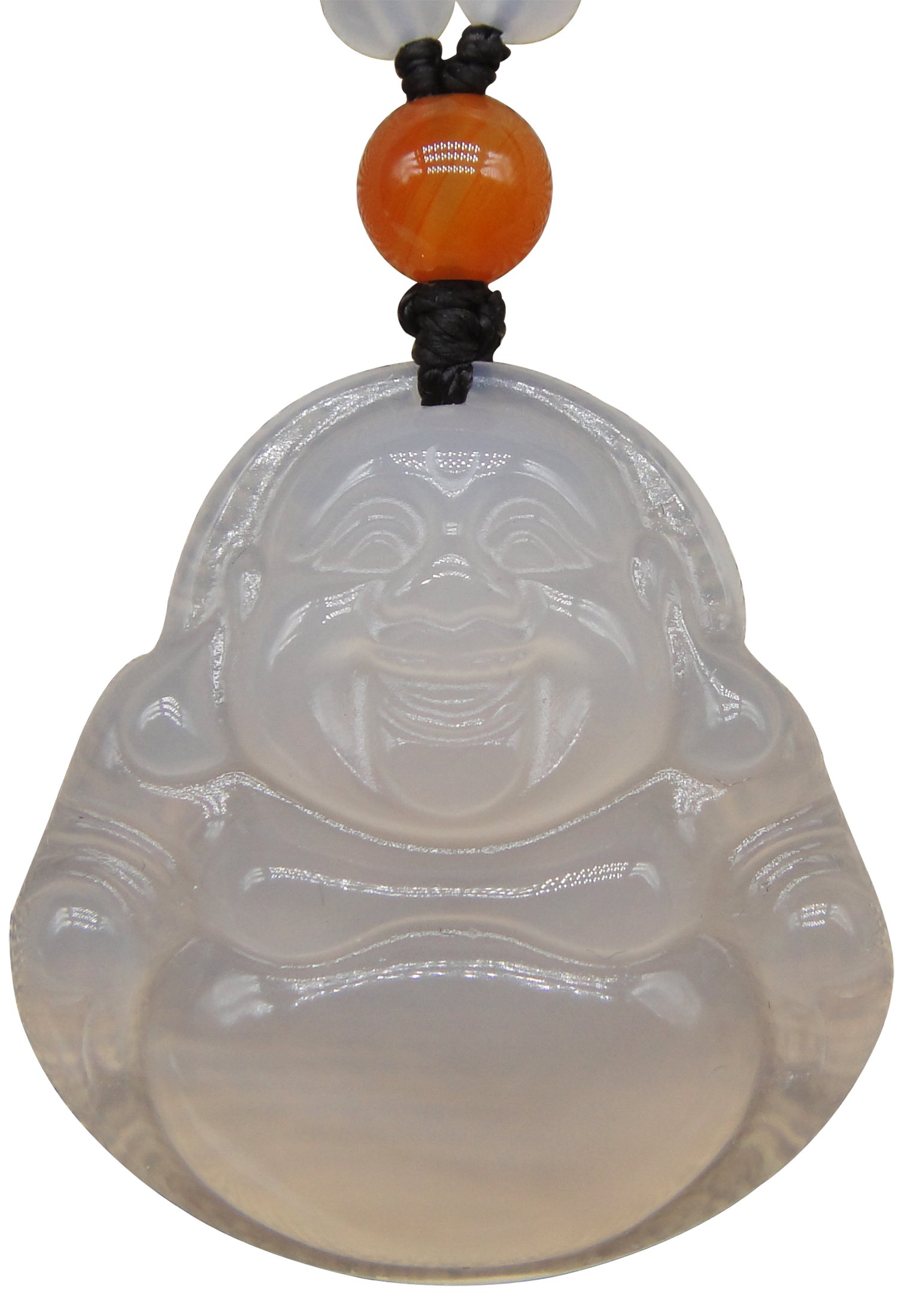 White Chalcedony Stone Laughing Buddha Talisman Chinese Amulet Pendant Beaded Chain Necklace for Women Men