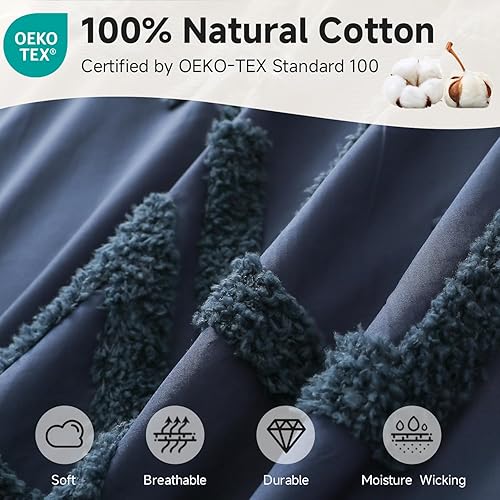 Miniatura 2 de Simple&Opulence Juego de funda de edredón 100 % algodón bohemio copetudo, tamaño Queen, funda de edredón bordada con textura azul marino con 2