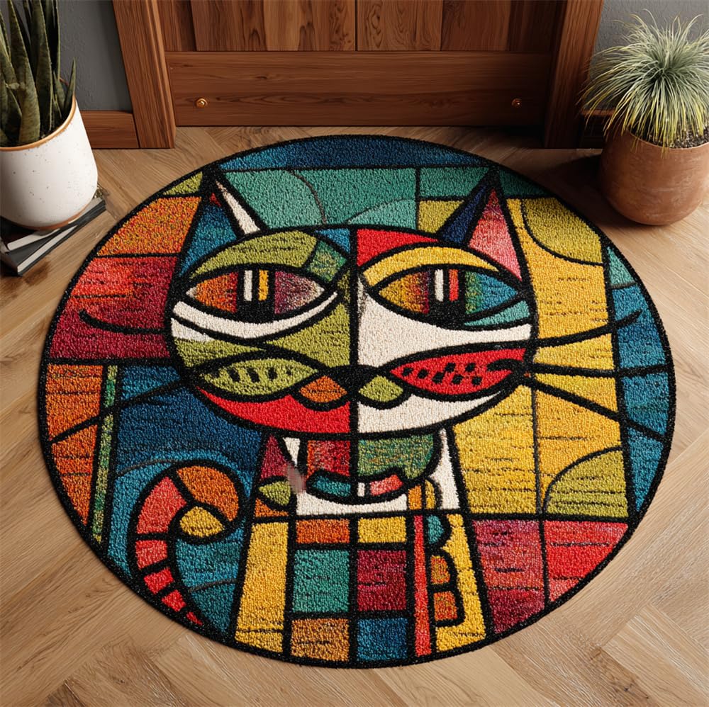 Kitphoenix Latch Hook Rug Kit, Cartoon Abstract Cat 20X20inch (50X50cm) Diy Rug Making Kit For Adults Kids, Rug Making Kits, Cross Stitch Kit Carpet Making Cushion Needlework For Beginners, Home Decor