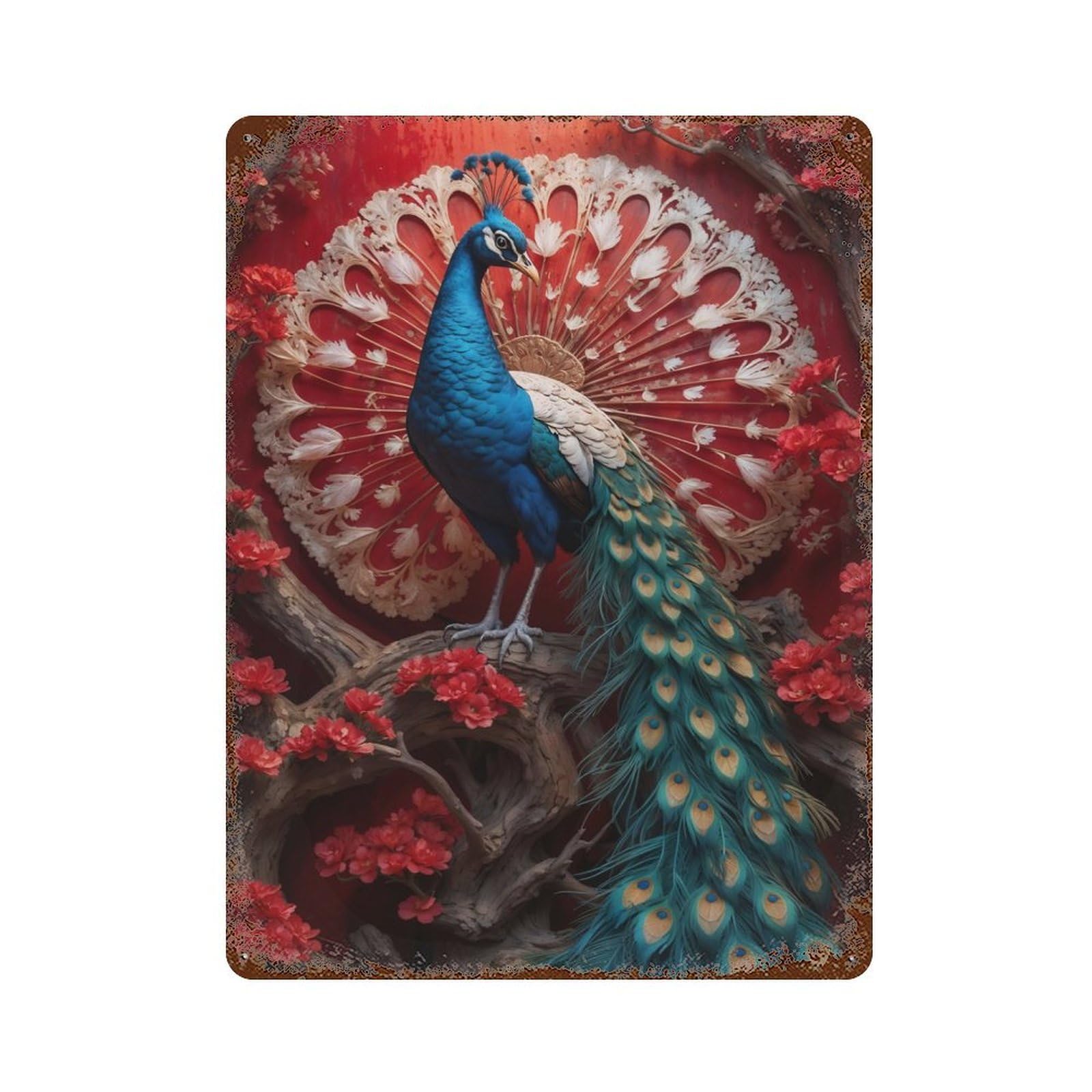 The Peacock in Bloom Weathered Tin Sign 15.7"x11.8", Rustic Home Decor for Garage, Bar And Workshop Decor
