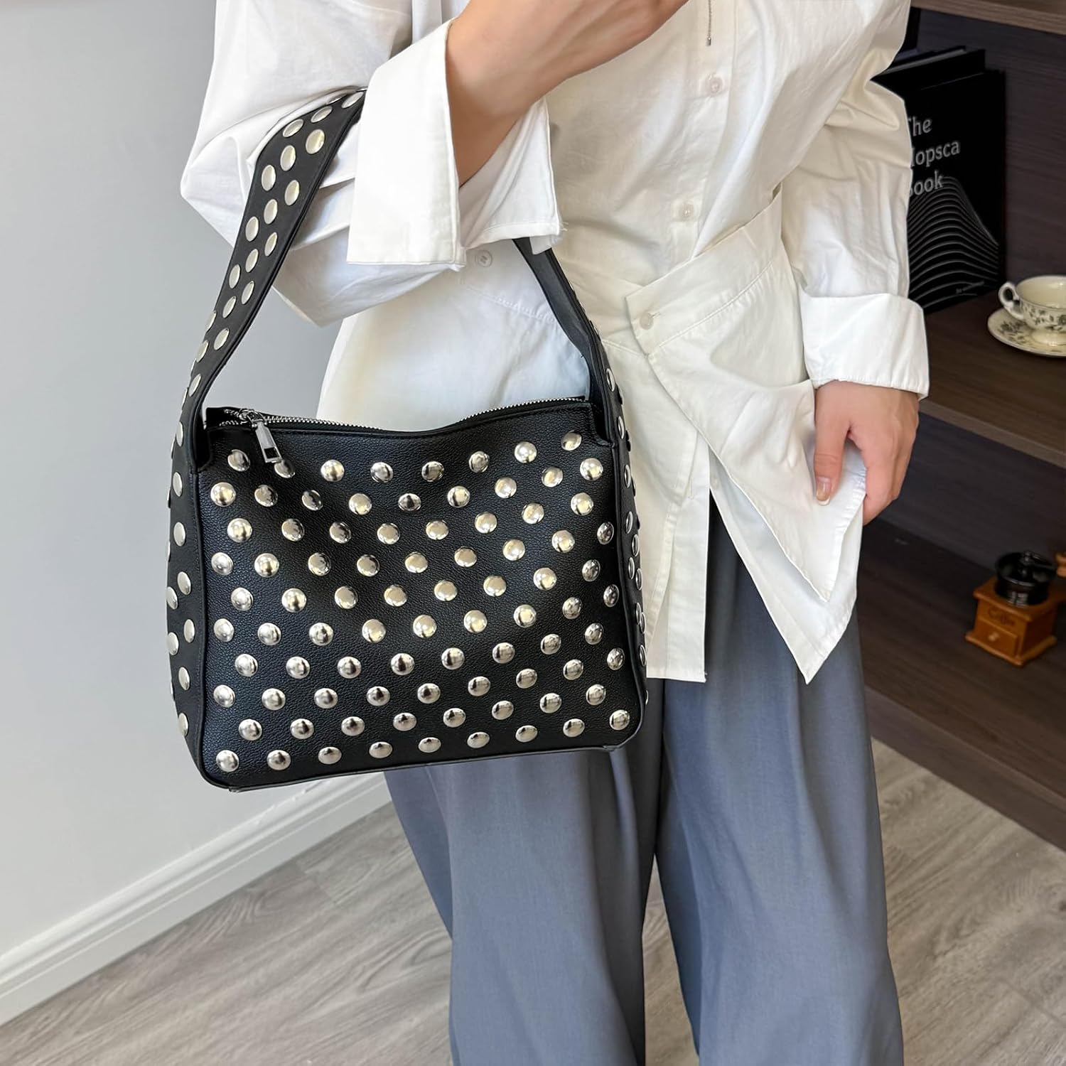 JQAliMOVV Studded Purses for Women Y2K Black Shoulder Bag Fall Punk Purse Leather Tote Bag Handbag - Image 2