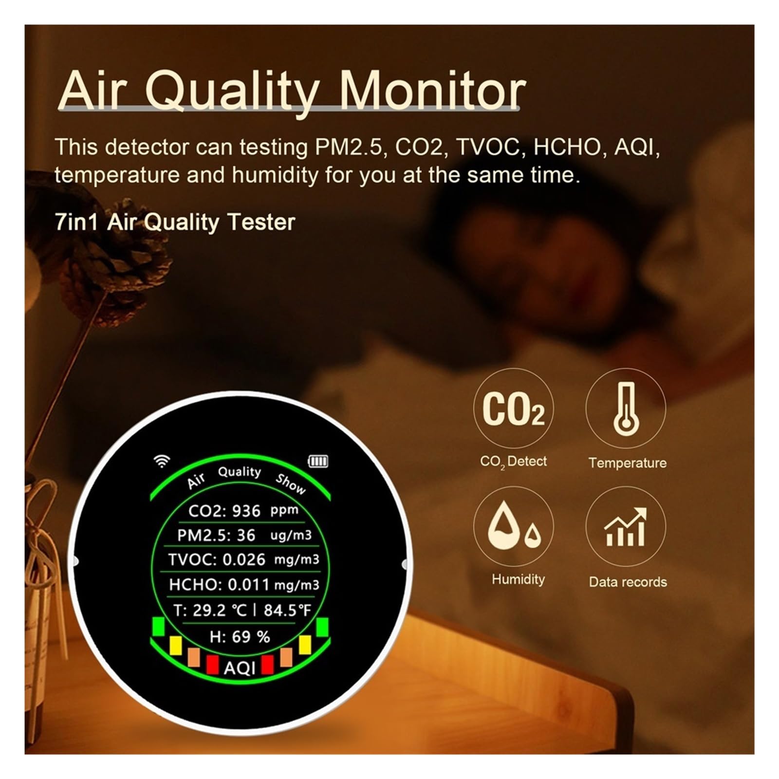 Misuratore di qualità 'aria 7in1 PM2.5 CO2 TVOC HCHO Tester di umidità della temperatura Display a colori portatile Rilevatore di anidride carbonica(7 in 1 White Basic)