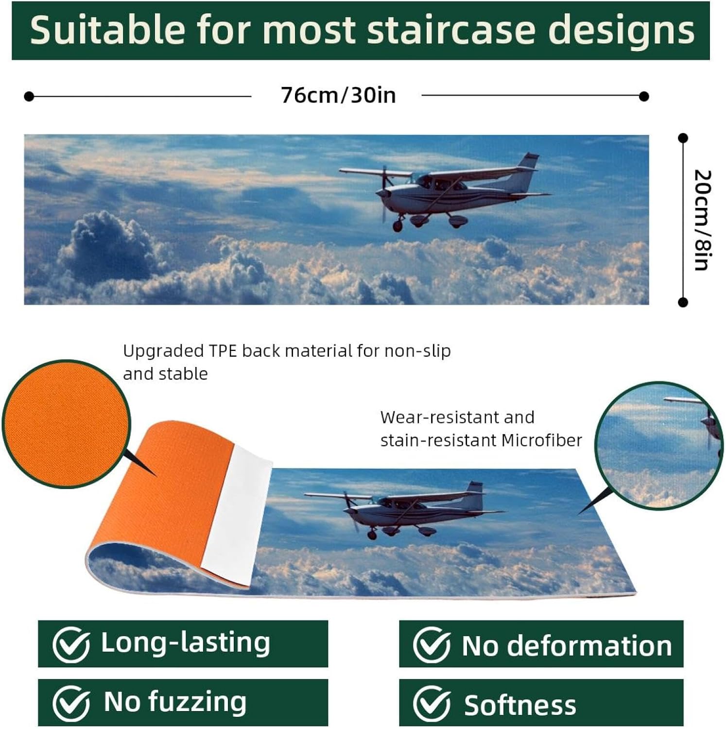 Stair Treads for Wooden Steps Indoor, Staircase Step Treads Non Slip Carpet Stair Runner for Kids Elders Dogs Pets, Aviation Airplane with Sky (1) Washable Stair Mat 15 Pack