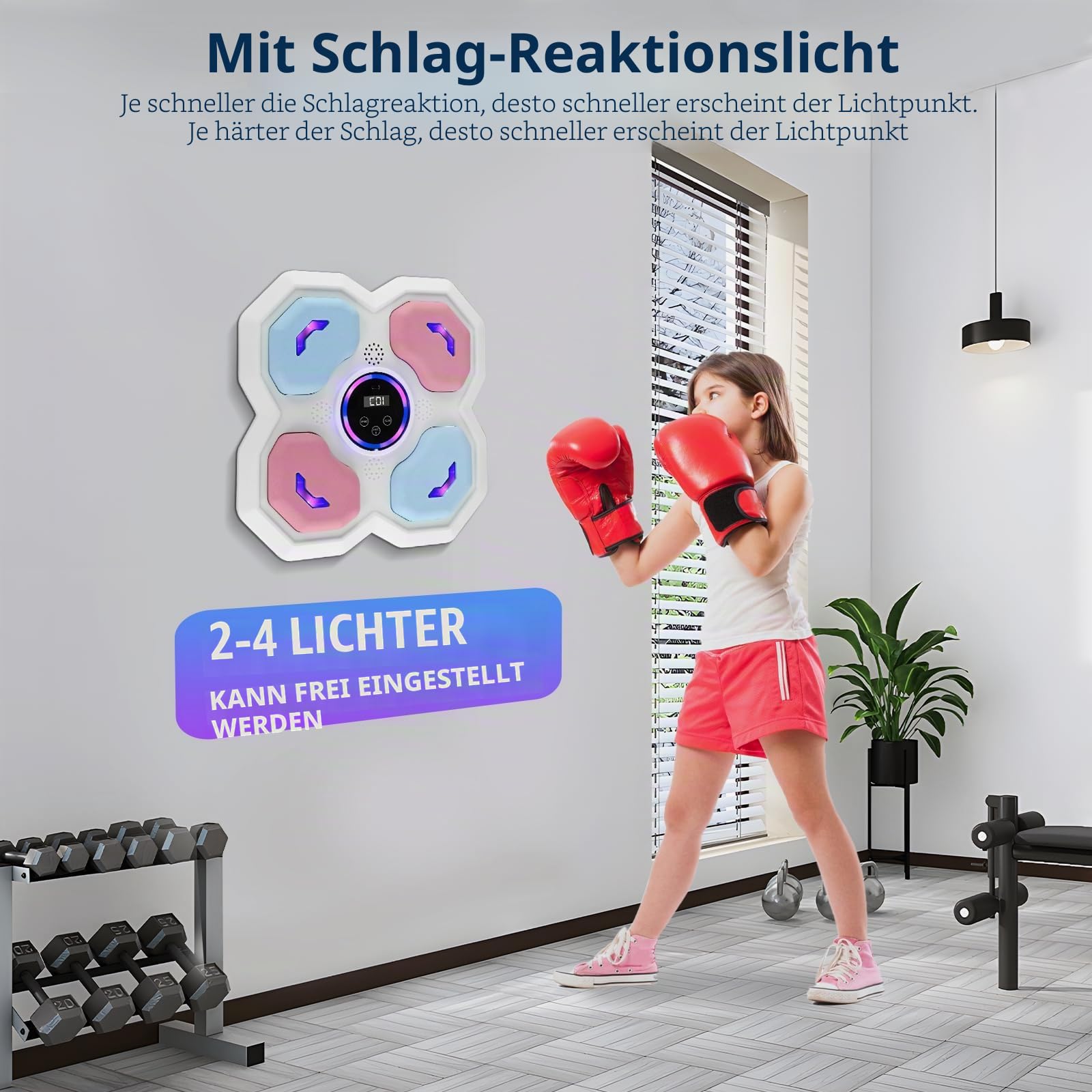Intelligente Musikboxmaschine, 9 Modi und Geschwindigkeit, elektronisch, Boxtraining, Wandmontage, Messmodus, unterstützt Bluetooth, Handschuhe für Erwachsene und Kinder