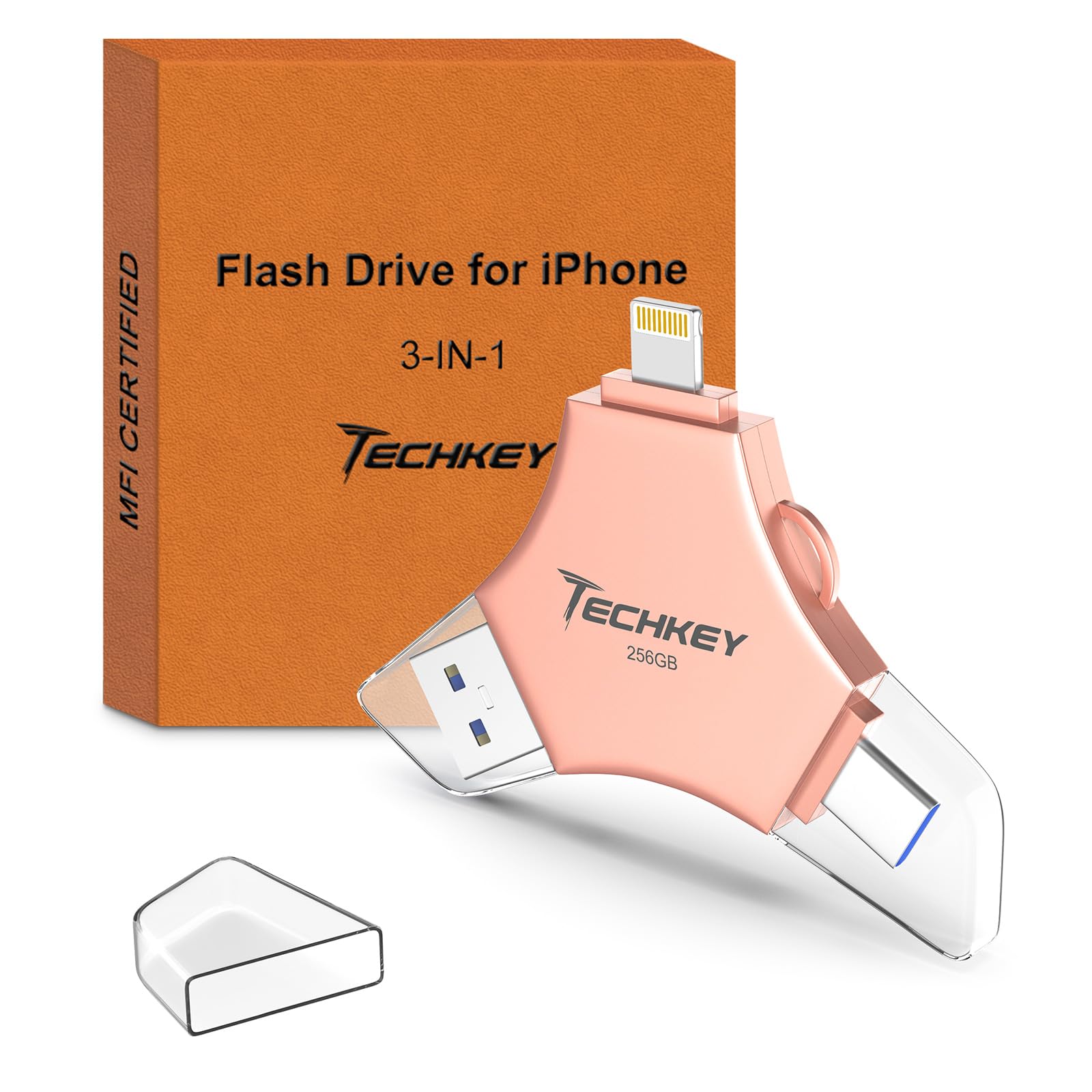 Chiavetta USB 3.0 certificata MFi da 256 GB per iPhone, memoria esterna 3 in 1 per foto, video, salvataggio dati, backup, ad alta velocità, per iPad/Android/PC (rosa)