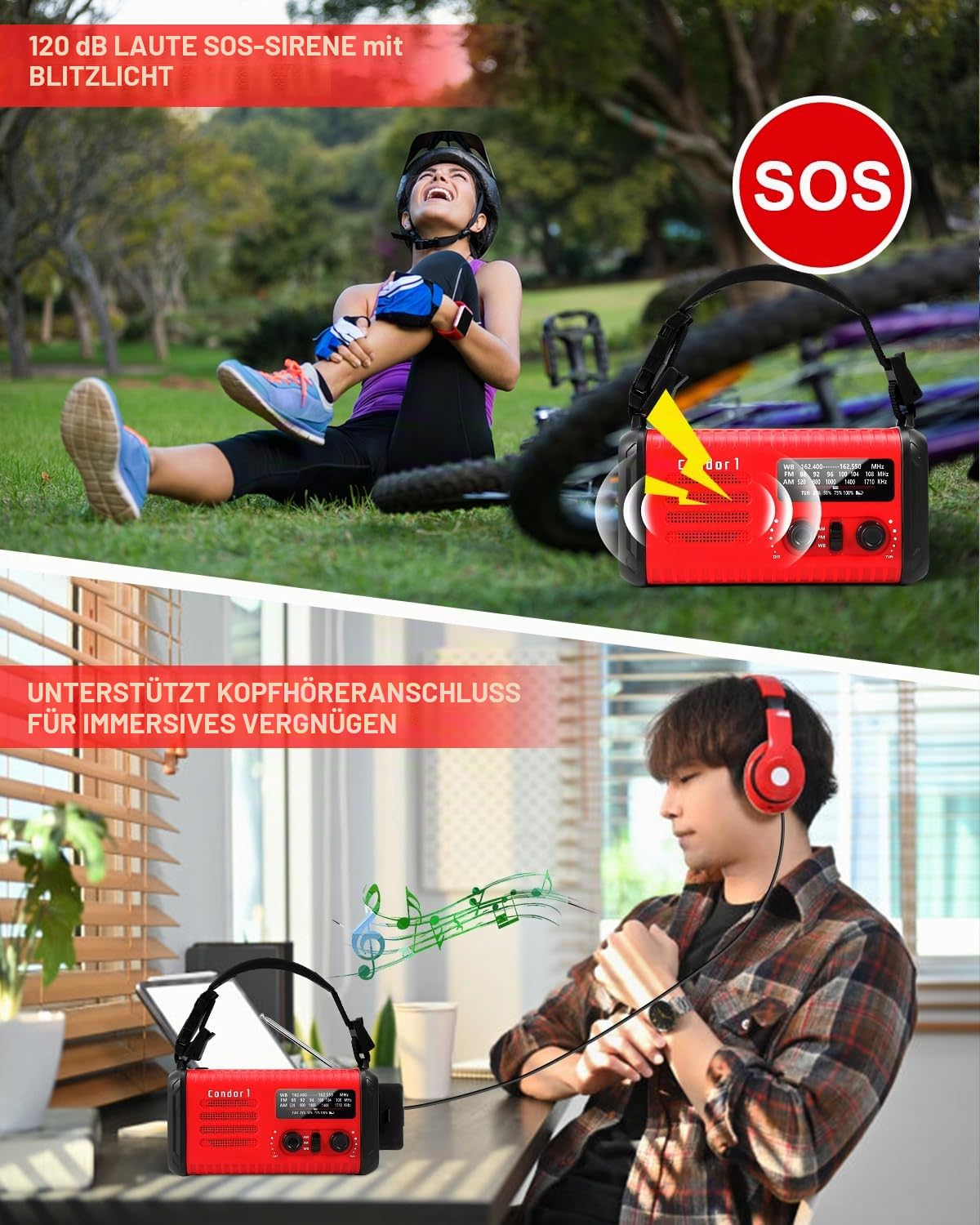 20000mAh Kurbelradio, tragbares Solar-Notfallradio mit AM/FM-Empfang, SOS Alarm, LED-Leselicht und Taschenlampe, USB-Telefonladegerät, Notfall, Stromausfall (Rot)