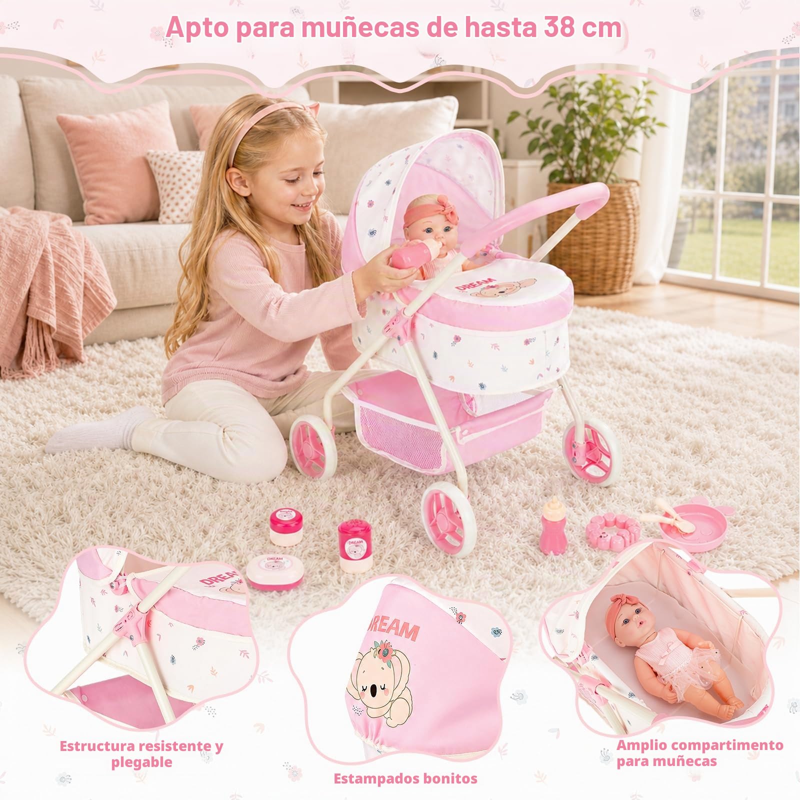 deAO Carrito de Muñecas 2 en 1 con Capazo Extraíble y Capota Ajustable