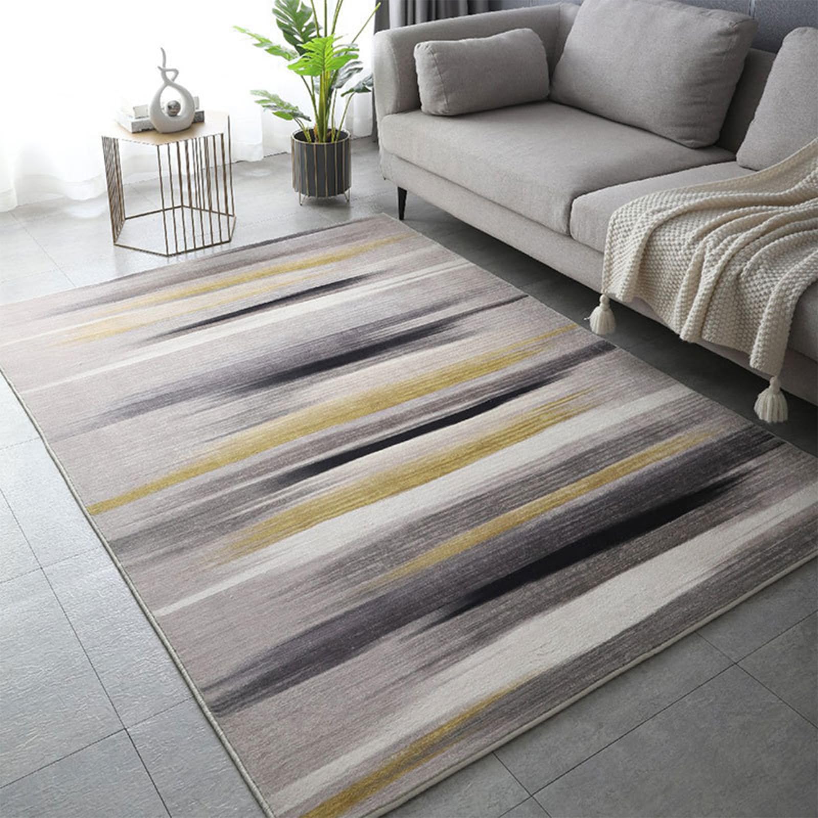 Tapis à poils ras pour salon contemporain et salle à manger design jaune et gris