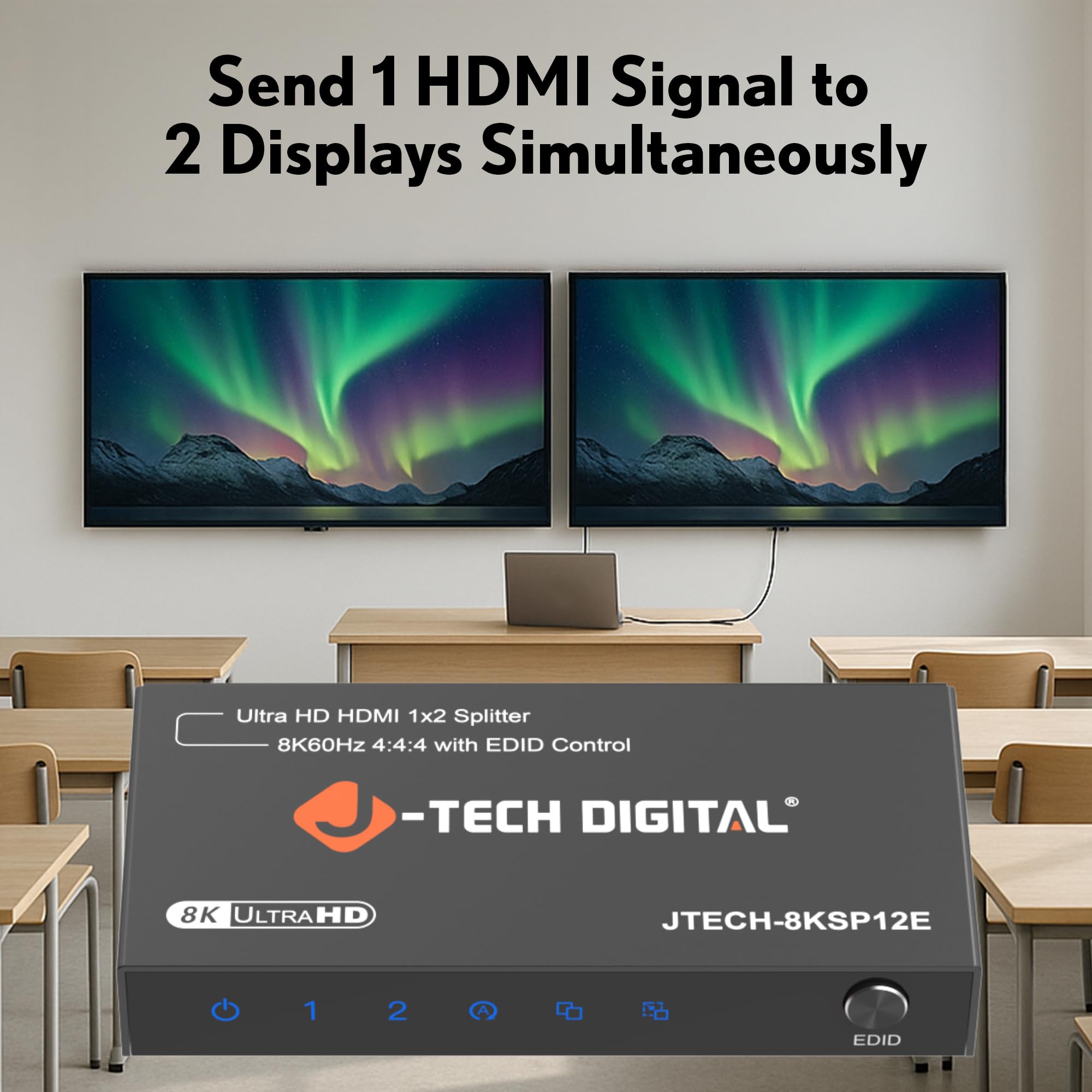 J-Tech Digital Splitter HDMI 2.1 8K 1 in 2 Out, HDMI 1x2 Splitter 8K @60Hz 4K @120Hz 1080P@240Hz, schermo duplicato/mirroring, 3 modalità EDID con downscaling [JTECH-8KSP12E]