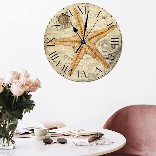Miniatura 30 de ArogGeld Reloj de pared con diseño de estrella de mar antigua francesa, de cloruro de polivinilo, con números romanos, de 10 pulgadas, funciona