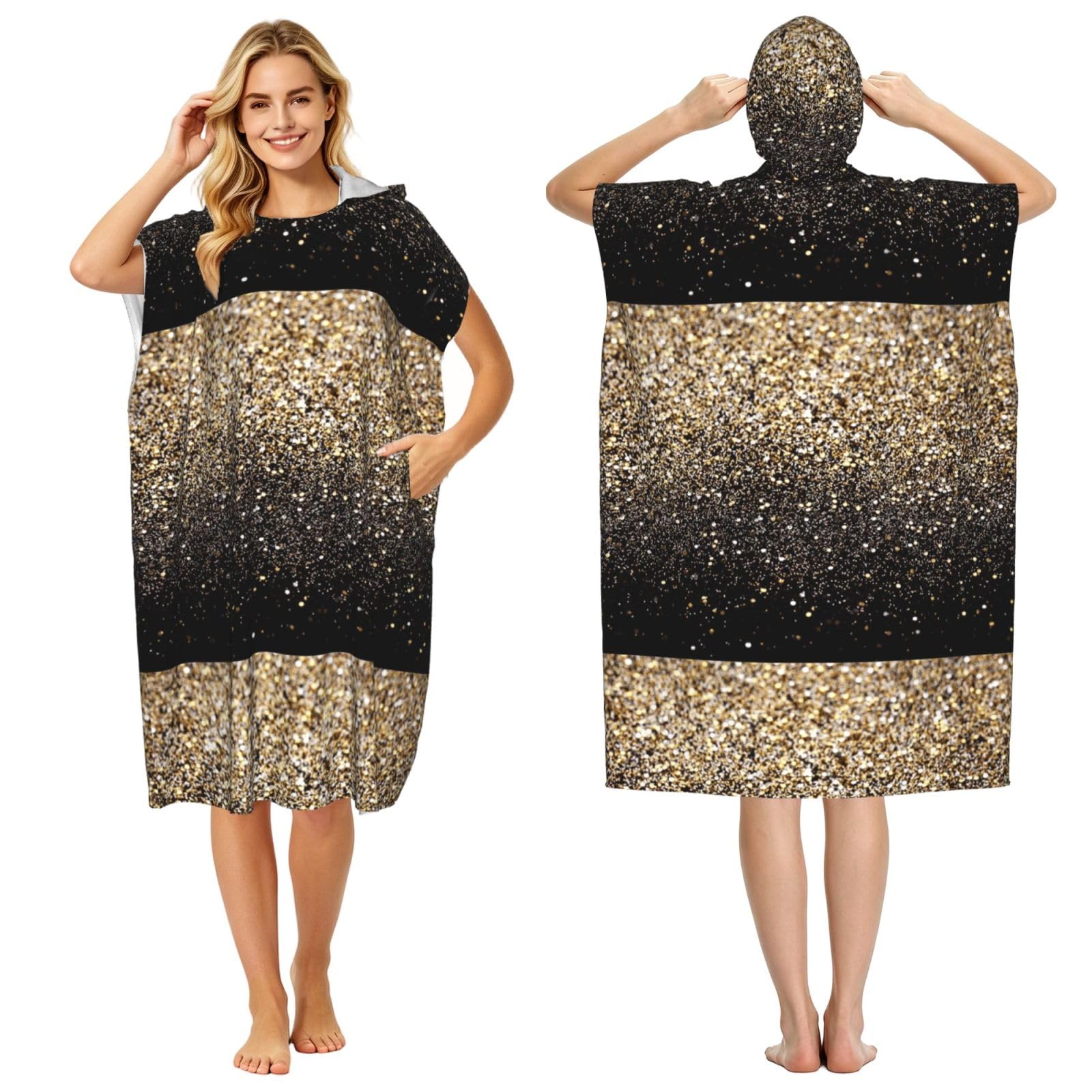Poadnly Gold Shimmer Sequin, Adult Hooded Beach Towel 90 x 110 cm,Changing Bath Robe, Surf Poncho Towel For Women Men