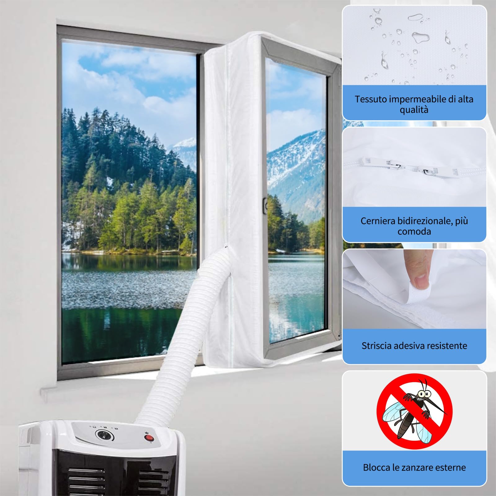 Guarnizione per finestre per condizionatori mobili, 400 cm, guarnizione per finestre per aria condizionata con doppia cerniera lampo, Hot-Air-Stop per tutti i tipi di finestre comuni come finestre a
