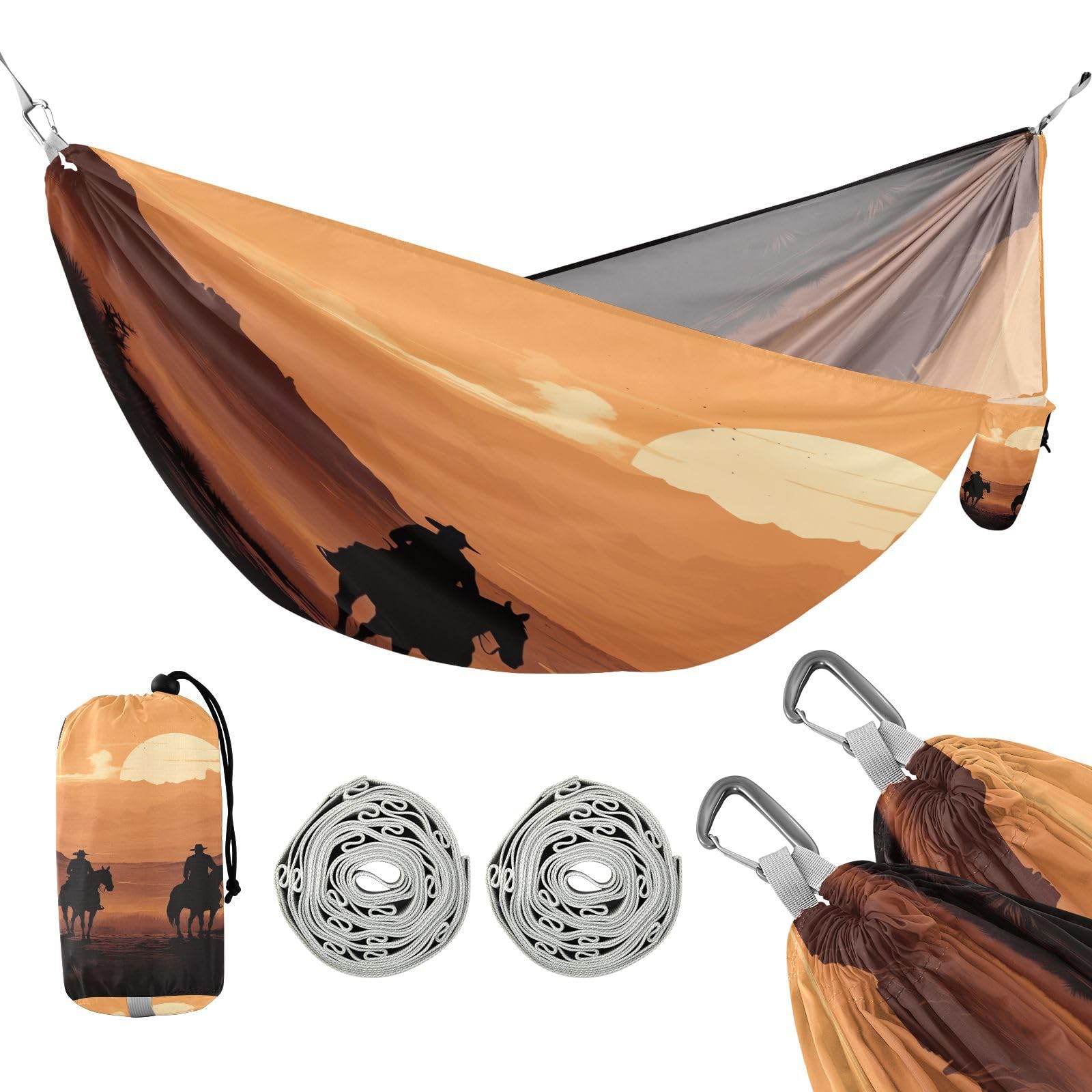 Haskirky Western Desert Cowboy Camping Hammock, Single Portable Hammocks with Tree Straps & Attached Carry Bag, 330Lbs Capacity Perfect for Outside Indoor Hiking Beach Backpack Travel